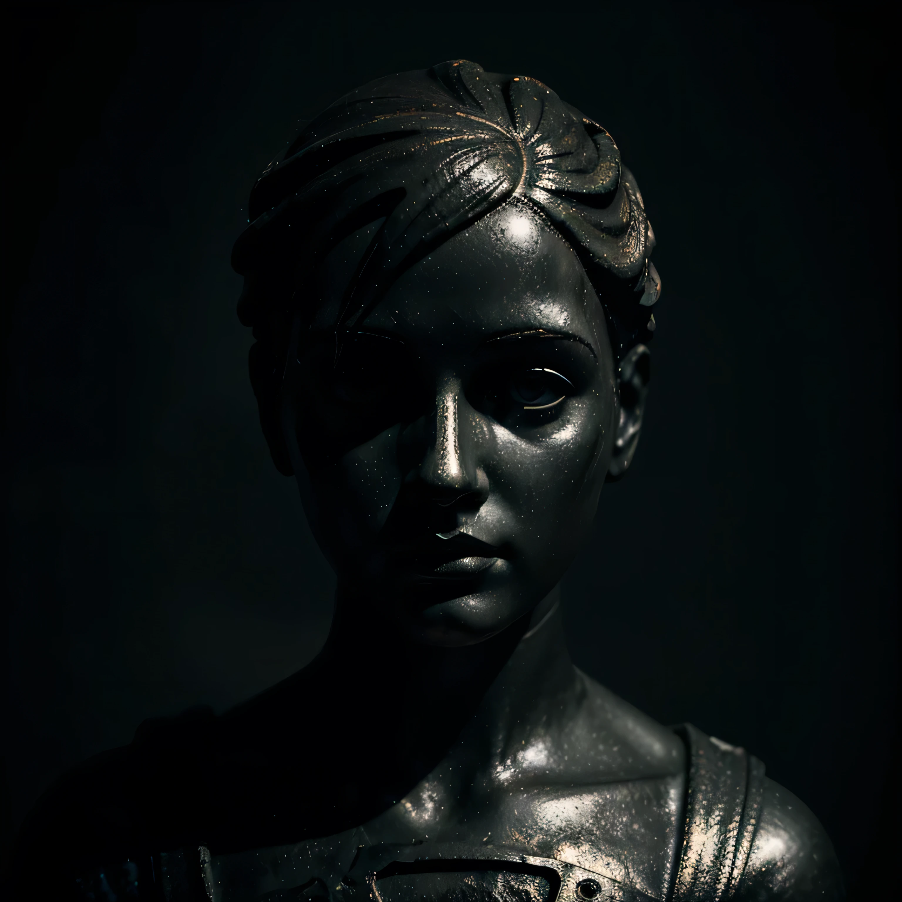 a woman's head statue, industrial style, abstract, stylized greek statue, conceptual, experimental, dark background, bright lights, dramatic lighting, cinematic, moody atmosphere, high contrast, dramatic shadows, intricate details, surreal, dreamlike, visually striking