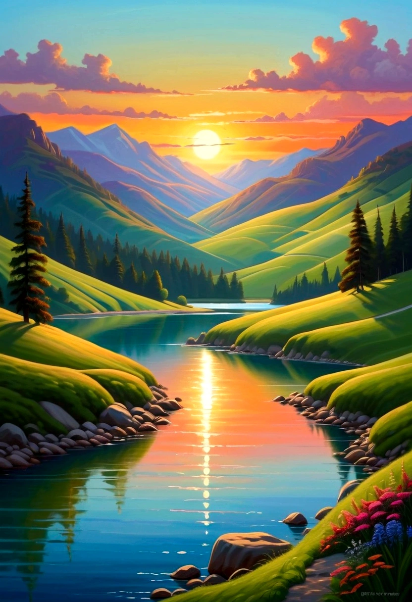 Create a beautiful landscape painting with a vibrant sunset sky, rolling hills, and a serene lake in the foreground