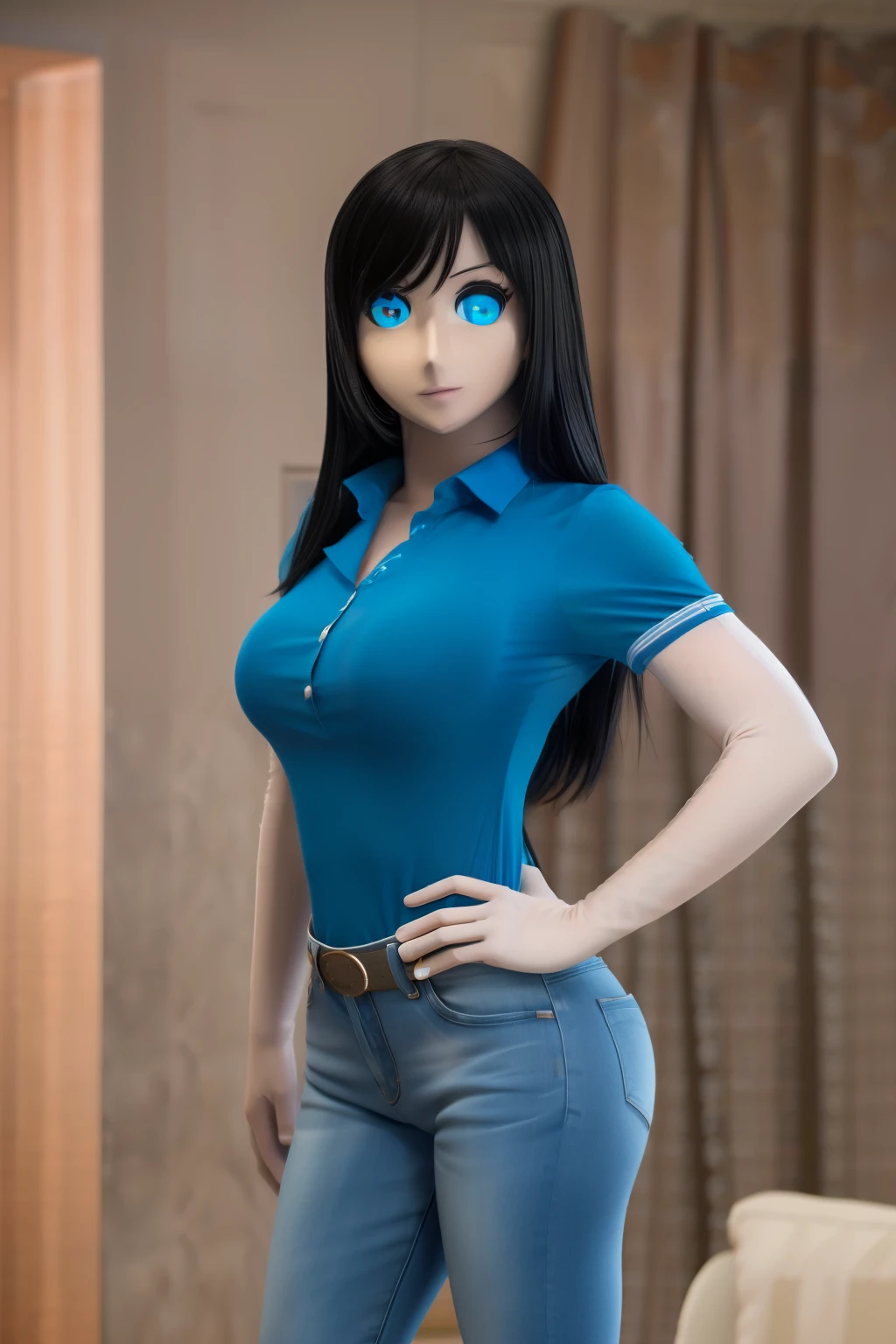 ultra high definition, highres, animatronic housewife, black hair, blue eyes, blue shirt, jeans, glowing eyes, standing erect, nsfw