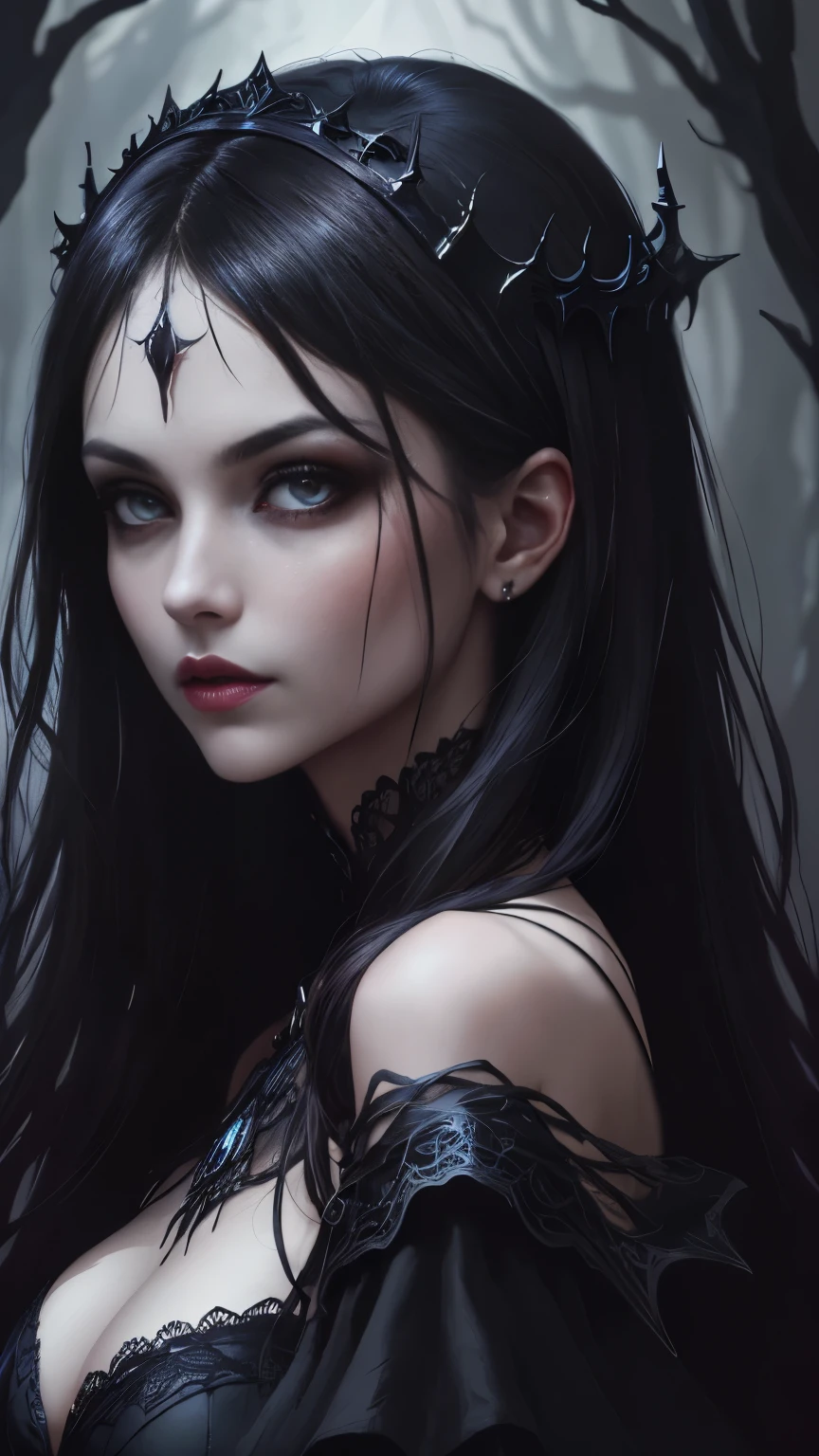 "A highly detailed and intense depiction of a terrifying female necromancer, Mid shot and dramatic capture shot in ultra detailed 8K wallpaper, Showing complex complexity".、Close-up of a woman with dark hair and a black dress, in style of Dark Fantasy Art, Dark fantasy art, A beautiful and elegant demon queen, Dark Fantasy Art, fantasy dark art, Dark fantasy digital art, gothic fantasy art, Gothic Dark Maiden, Dark Fantasy Portrait, Portrait of the Dark Goddess, Dark Fantasy Nymph Portrait