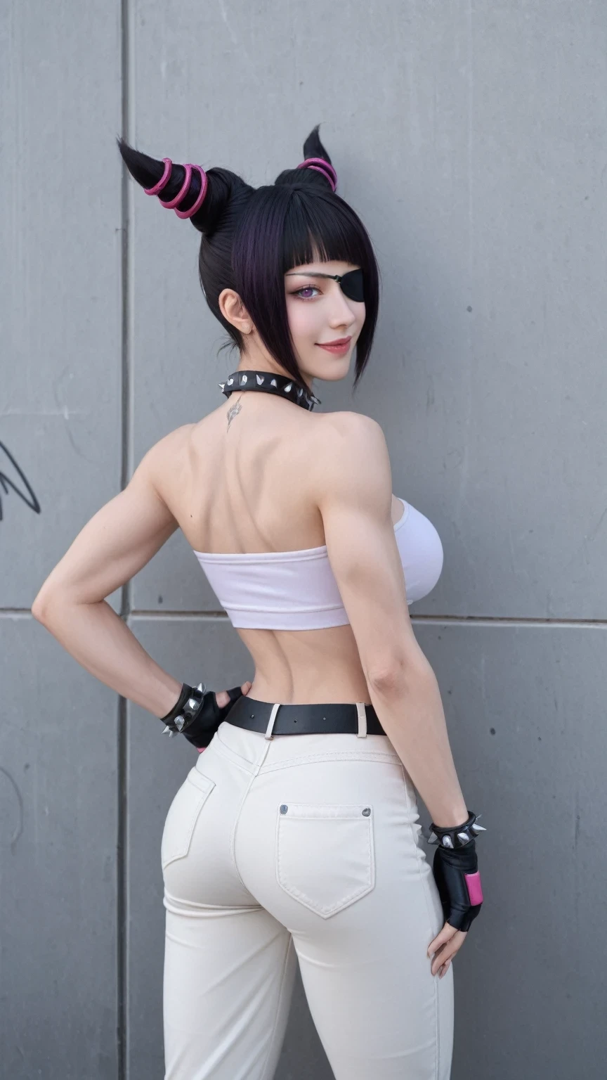 han juri, 1girl, short black hair, purple eyes, eyepatch, hair horns, white crop top, hair over eye,large breasts, bare shoulders,jewelry,belt, pants,fingerless gloves,collar,bracelet,tattoo on chest,toned,spiked bracelet, looking back at viewer, serious, smiling, standing, from behind, hand on hip,outside, city, wall, graffiti