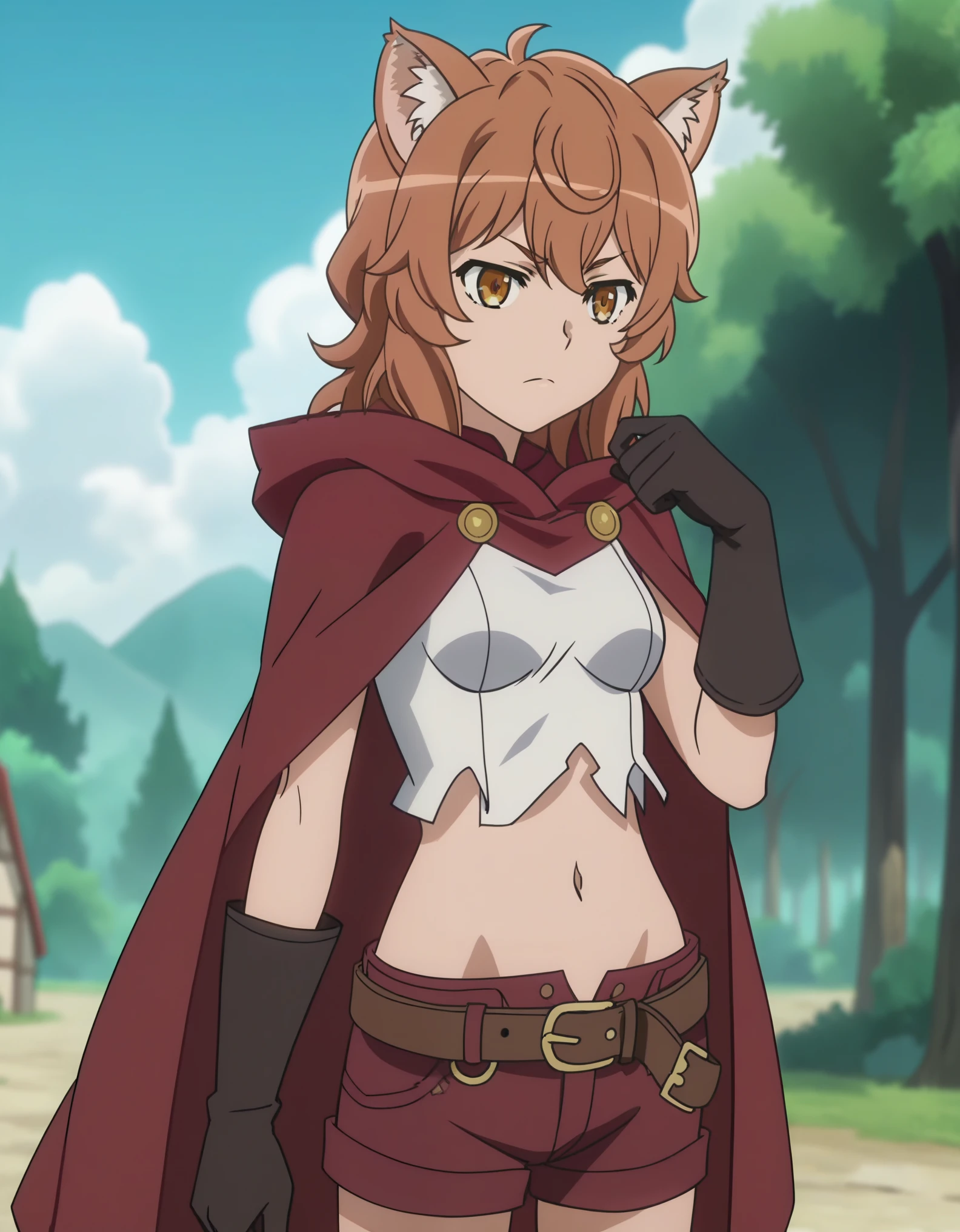  score_9, score_8_up, score_7_up, source_anime, anime screencap, Liliruca Arde, 1girl, solo, gloves, navel, shorts, black_gloves, belt, midriff, cloak, open_belt, animal ear fluff, outdoor  