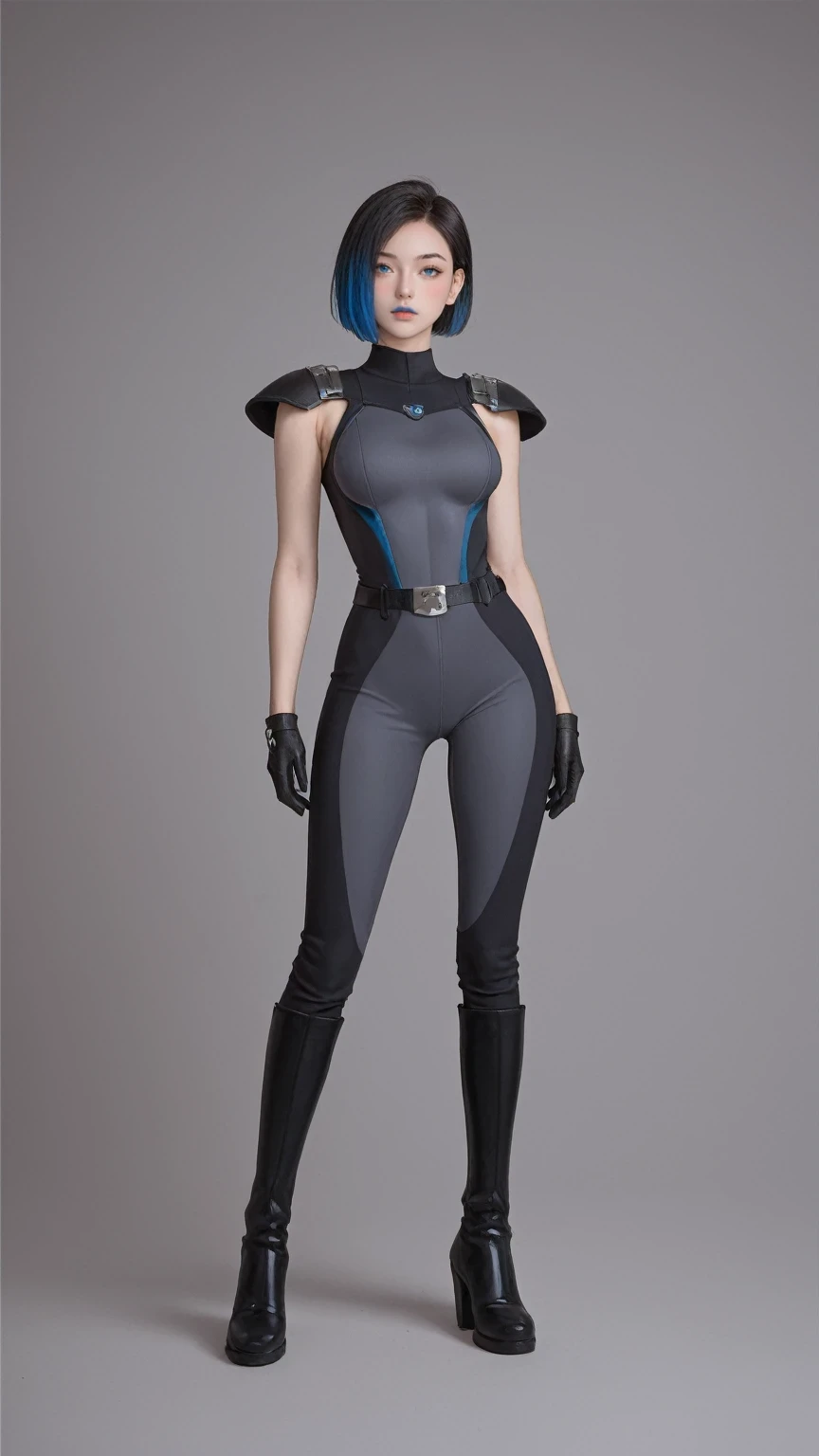 (Masterpiece:1.4), (best quality:1.2), score_9, score_8_up, score_7_up, score_6_up, 1girl, solo, simple background, ctl7t0rig, black gloves, black bodysuit, grey bodysuit, belt, black hair, blue hair, multicolored hair, short hair, two-tone hair, black knee boots, breasts, black pants, blue lips, blue eyes, shoulder cutout,   (looking at viewer|looking to the side)  medium breasts, blush,  (standing|standing|sitting) 