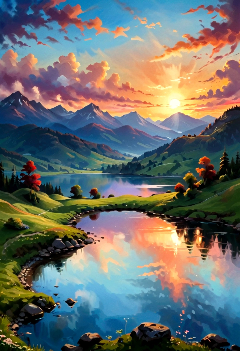 Create a beautiful landscape painting with a vibrant sunset sky, rolling hills, and a serene lake in the foreground