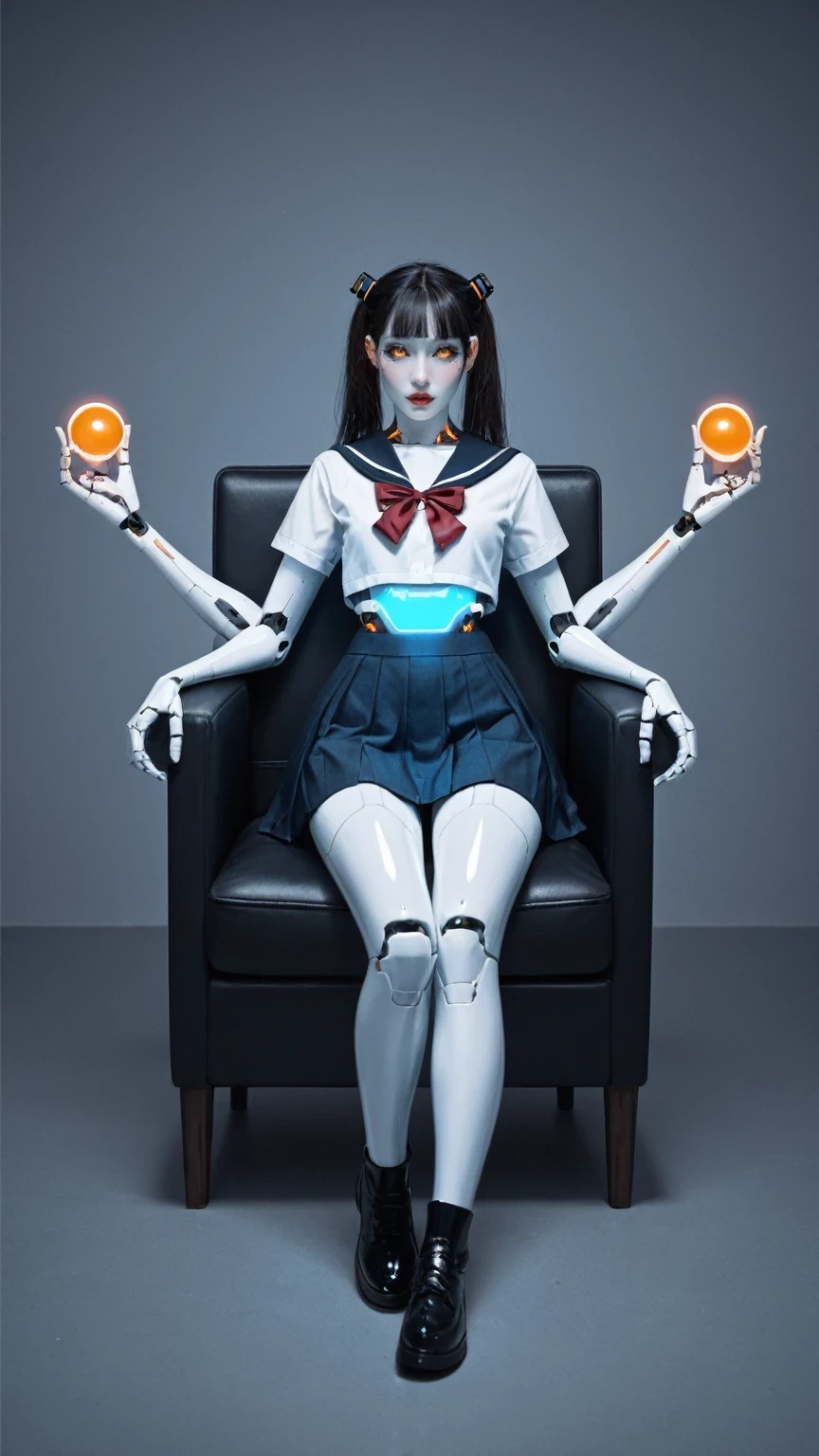 score_9, score_8_up, score_7_up, 1girl, photography of a cute girl, 18yo, (4 arms, robot arms:1.2), red lips, (white skin:1.5), (cyberpunk, scifi, futuristic:1.2), glowing orange eyes, black hair, twintails, small breasts, narrow hips, fully clothed, (school uniform:1.2), boots, shiny skin, full body, sitting in a chair, studying, reading several books at the same time, at school, reelmech, mechanical parts, machinery, joints