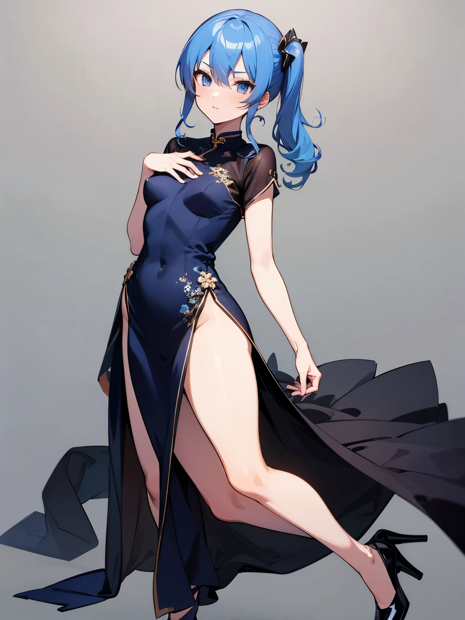 One girl,hoshimachi suisei,blue eyes,Blue Hair,choker,Hair between the eyes,Medium Hair,Side Ponytail,スターchoker,Small breasts,China dress,High heels,Chinese style,(Perfect hands),(Perfect Anatomy),(masterpiece),(highest quality)