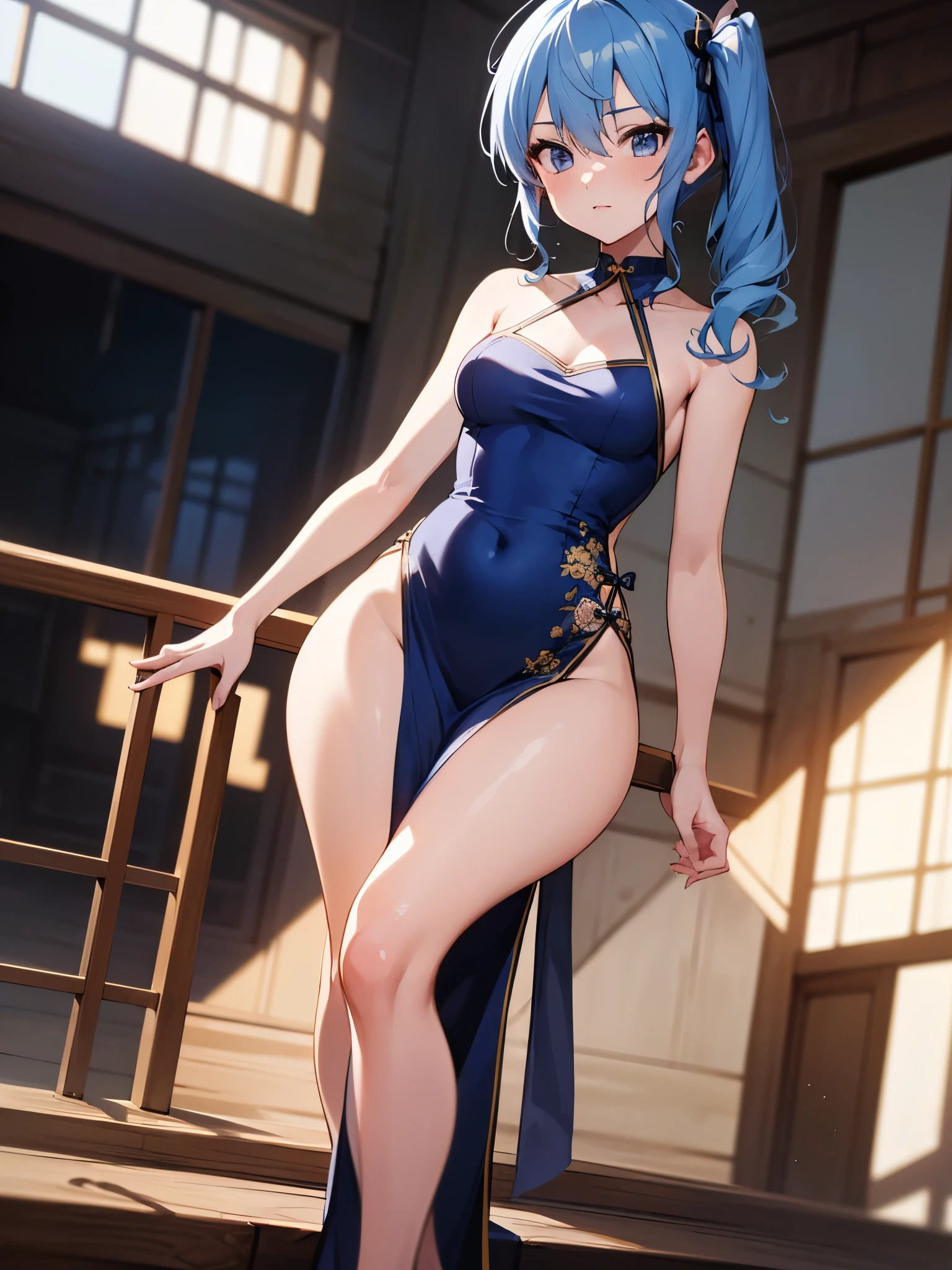 One girl,hoshimachi suisei,blue eyes,Blue Hair,choker,Hair between the eyes,Medium Hair,Side Ponytail,スターchoker,Small breasts,China dress,High heels,Chinese style,(Perfect hands),(Perfect Anatomy),(masterpiece),(highest quality)