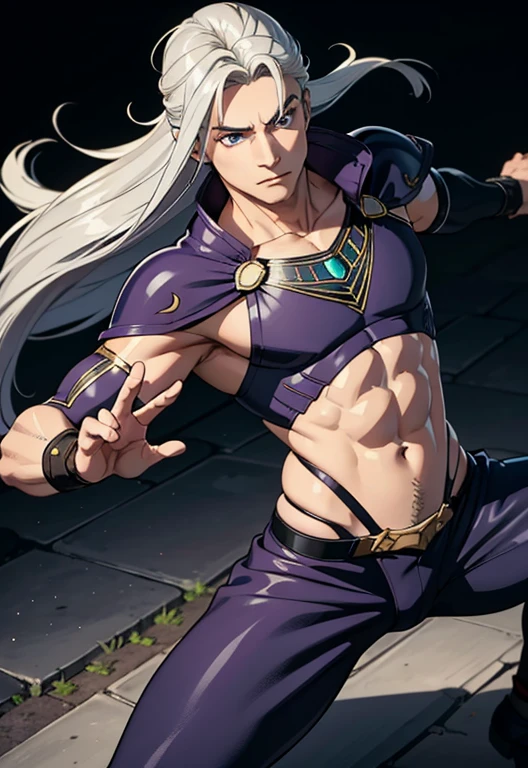 (high-quality, breathtaking),(expressive eyes, perfect face) Symmetrical Eyes, strong male indigenous warrior he has an exaggerated long hair gray color eyes purple color, ele tem pinturas tribais no peito e no rosto, he has armor on his tibia, he has armor on his forearm, He wears tight-fitting pants made of green fabric, he has a long indigenous fabric thong, He's gesturing with his hands 