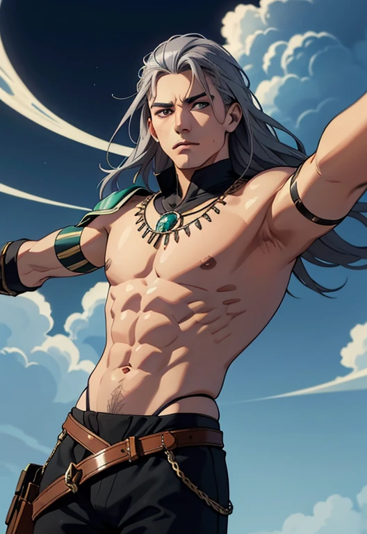 (high-quality, breathtaking),(expressive eyes, perfect face) Symmetrical Eyes, strong male indigenous warrior he has an exaggerated long hair gray color eyes purple color, ele tem pinturas tribais no peito e no rosto, he has armor on his tibia, he has armor on his forearm, He wears tight-fitting pants made of green fabric, he has a long indigenous fabric thong, He's gesturing with his hands