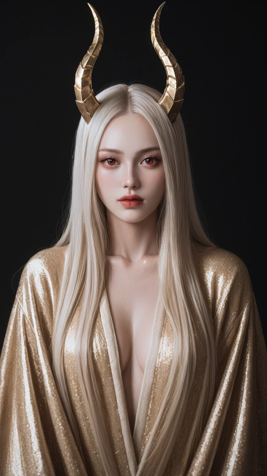 score_9, score_8_up, score_7_up, 1girl, solo, beautiful face, pale white skin, dark scene, vntblk black and gold shiny robe, white long straight hair, golden big shiny horns, intense shadows, red eyes, 