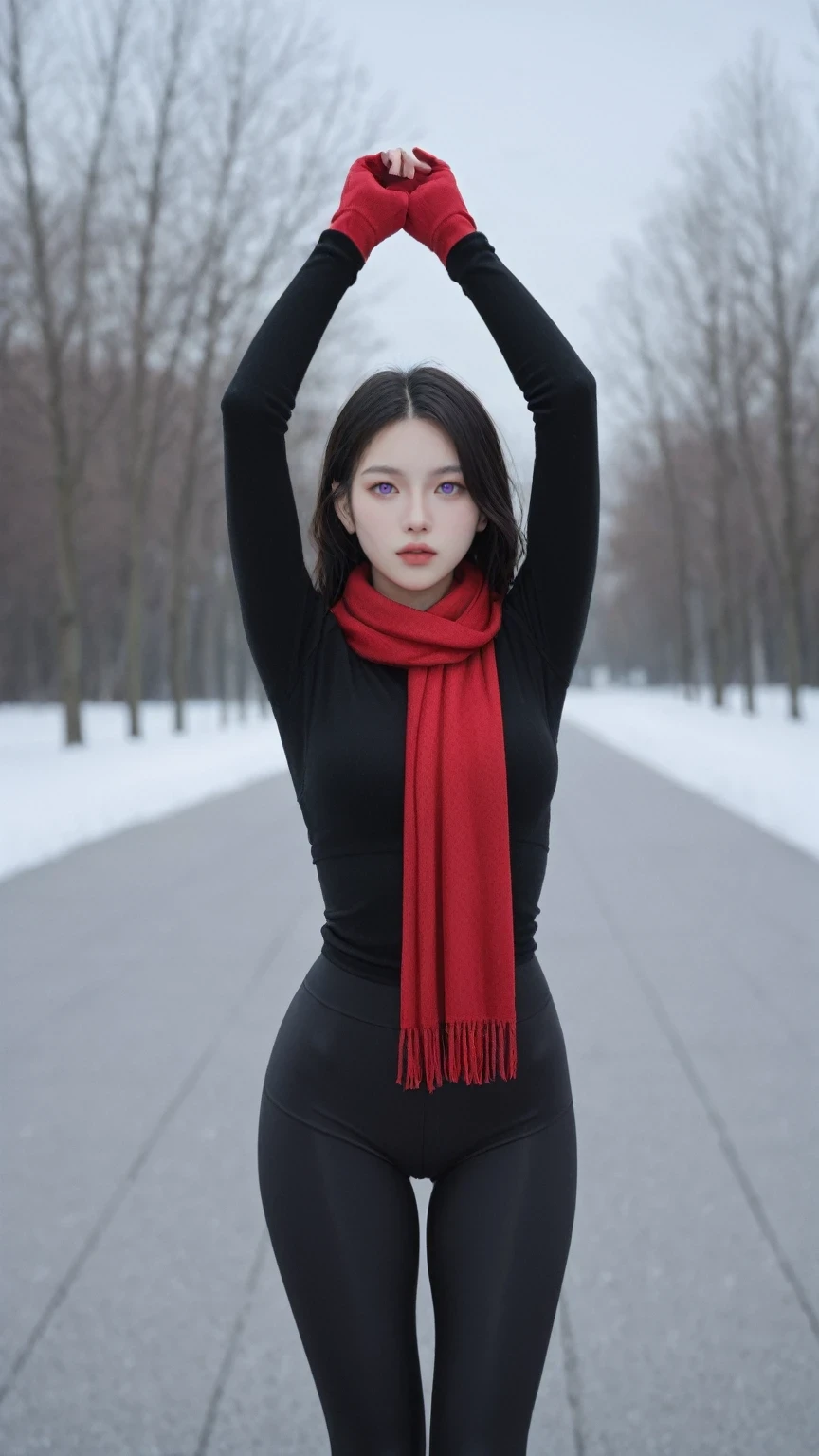 score_9, score_7_up, source_anime, winter, outdoors, BREAK solo, BS, purple eyes, black hair, long hair, red scarf, breath, textured leggings, leggings, arms up,