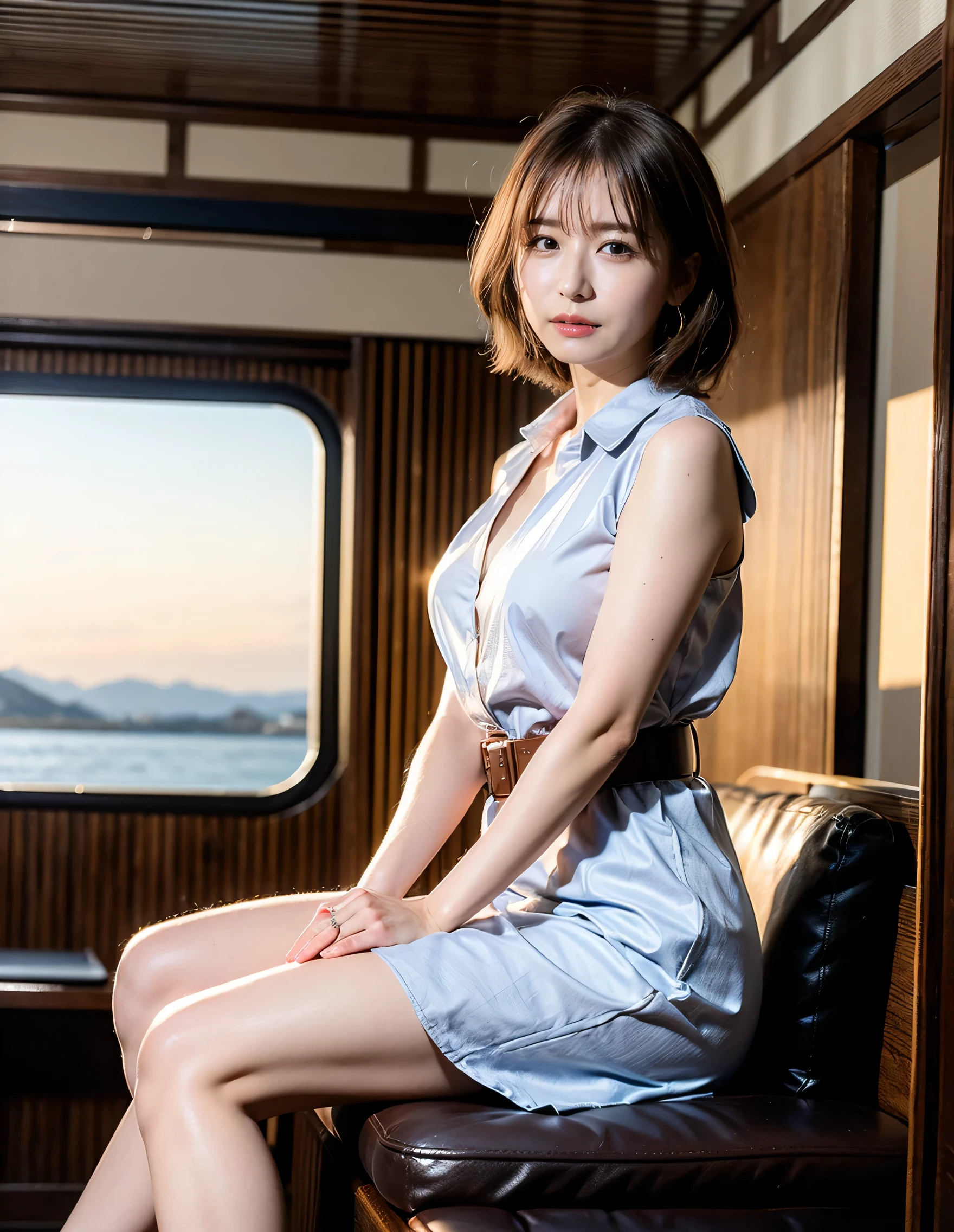 (Robe Dress:1.1) ,Brown beige color hair、Woman standing on a boat、Light brown hair、Elegant hairstyle、Blue Eyed Woman、A woman with a cute upward gaze、When the sky gets dark、The gentle light of the ship shines、When the sun goes down the sky turns red、Tight clothing that shows your body lines、、A clean white blouse or white collared shirt、The first button of her blouse is lewdly open、Genuine Leather Belt、革のShort skirt、Dress elegantly着こなす、Luxury Bags、、((Medium Short Hair:1.4))、Skyscrapers seen across the sea、Manhattan 私sland is visible offshore、Woman on a sightseeing boat、、The sun shines on her、Light brown hair、Light brown hair、The sky was dyed red、There are clouds、private's cute、An elegantly dressed woman is sitting on a boat and watching the sunset、Her ample breasts are obvious even through her clothes..、The shining sun is so beautiful、Dusk is approaching、Lens flare、I can see the sunset、((Sunlight reflecting off the ocean、Ocean View、The sun shines on the sea、'beautiful.、Small earrings、private'evening、Birds are also flying、、Brown Hair Color、Tying up hair、The woman is on the right:1.4))、Luxury Leather Belts、Shiny clothes、Light beige hair color、Background Blur、Braid only the front hair、Light brown hair、{{Cowgirl Shot}}、((Close-up shot from the waist up、Ample breasts:1.4))、Smile、Silk clothing、Ample breasts that can be seen even through clothes、Braid only the front hair、Cowboy Shot、Gorgeous white collared silk shirt and brown skirt、Dress elegantly、Luxury Bags、A lovely smile、((Ample breasts))、Full body photo、ring、Short skirt、Tuck your hair behind one ear、Silver Necklace、smile、 Elegant ponytail、Caustics、Highly detailed photos、Very beautiful and ideal short hair、Super no makeup、(8k、RAW Photos、highest quality、masterpiece:1.2)、(Realistic、Realistic)、1 girl、((Medium Short Hair、Looking into the camera:1.4))、Hair blowing in the wind