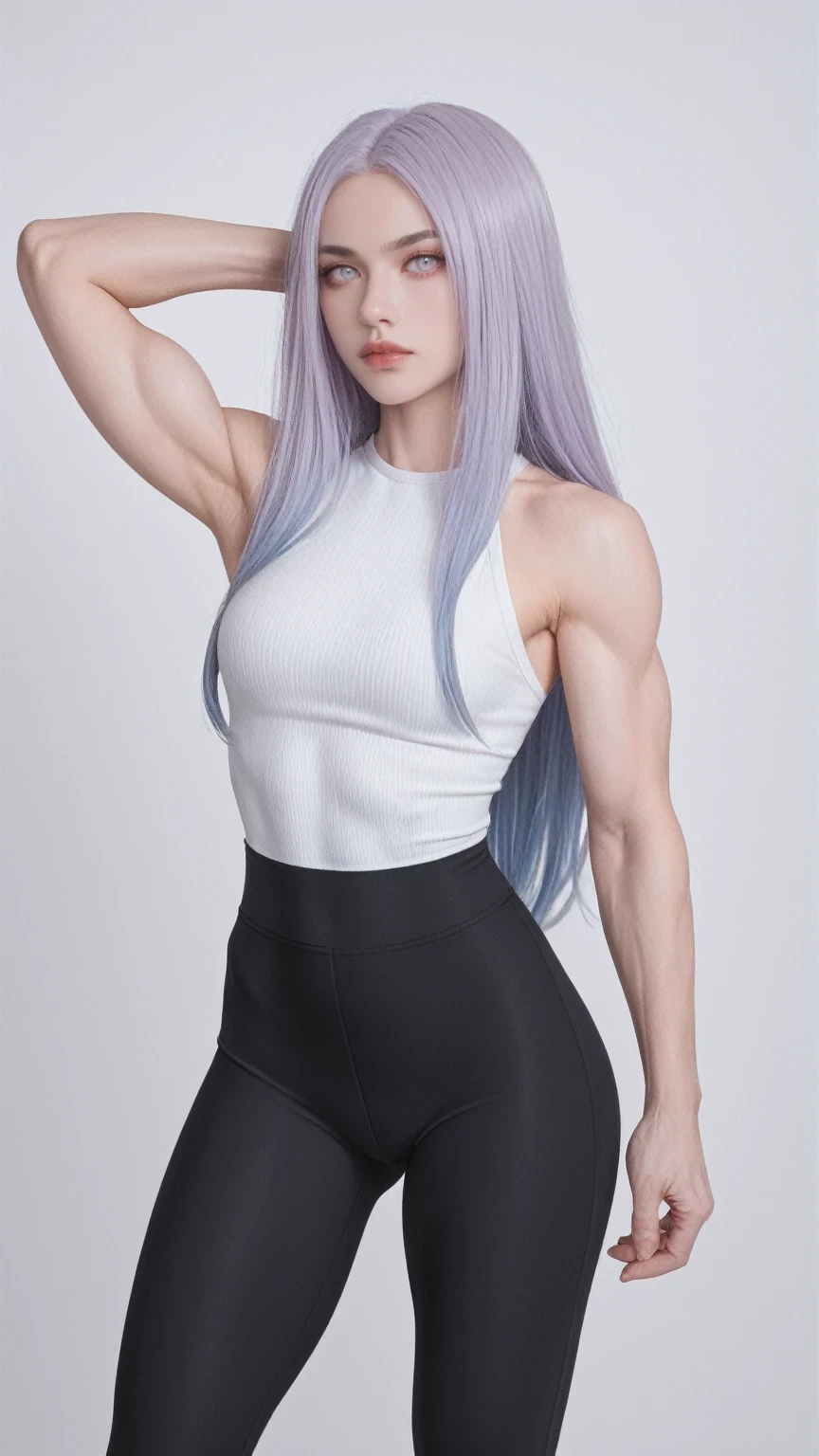 textured leggings, leggings, hand_up, flexing,, score_9, score_8_up, score_7_up, source_anime,, serious, 1girl, white eyes, white hair, very long hair, parted hair, parted bangs, medium breasts, gradient hair, lilac hair,