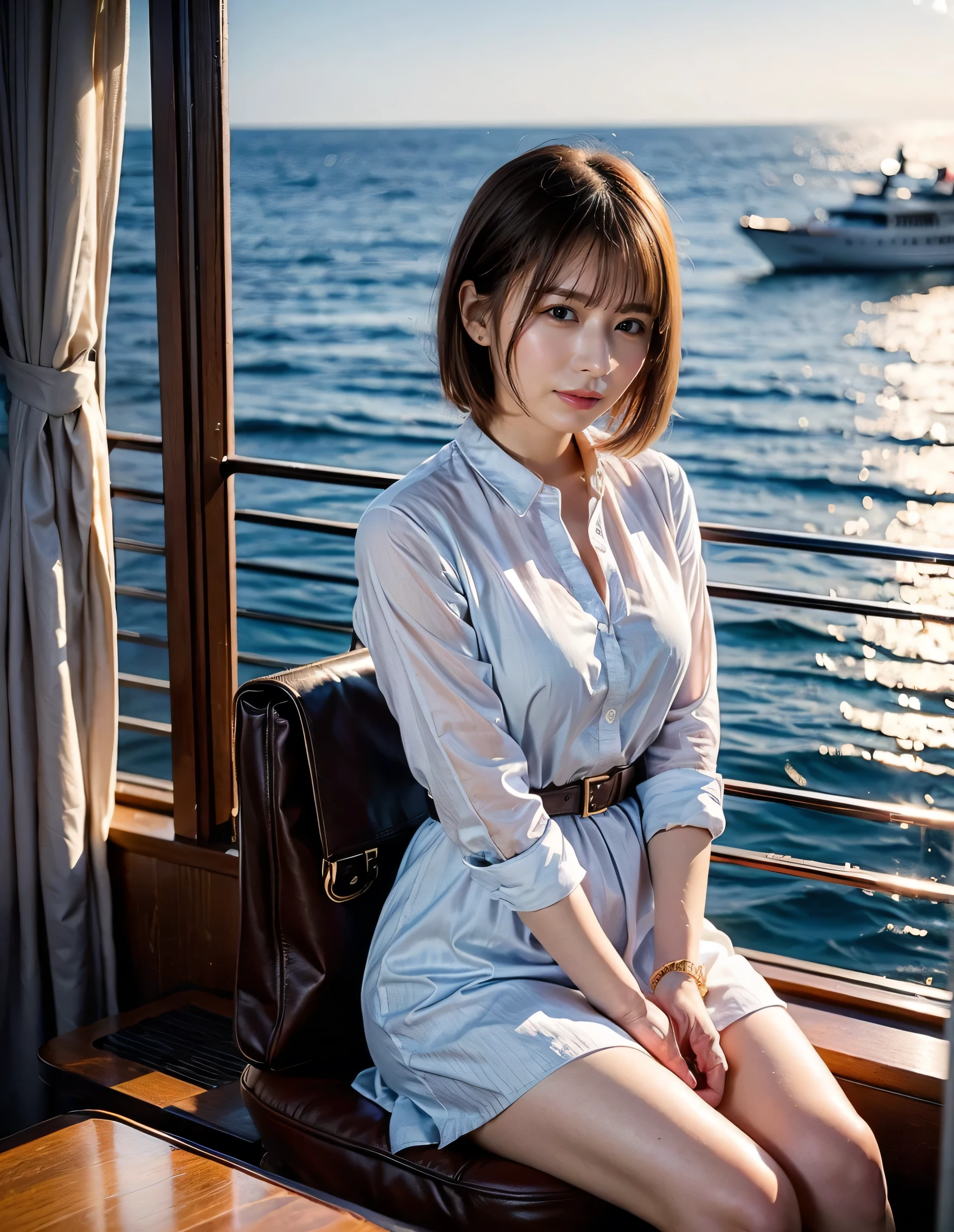(Robe Dress:1.1) ,Brown beige color hair、Woman standing on a boat、Light brown hair、Elegant hairstyle、Blue Eyed Woman、A woman with a cute upward gaze、When the sky gets dark、The gentle light of the ship shines、When the sun goes down the sky turns red、Tight clothing that shows your body lines、、A clean white blouse or white collared shirt、The first button of her blouse is lewdly open、Genuine Leather Belt、革のShort skirt、Dress elegantly着こなす、Luxury Bags、、（（Medium Short Hair:1.4））、Skyscrapers seen across the sea、Manhattan 私sland is visible offshore、Woman on a sightseeing boat、、The sun shines on her、Light brown hair、Light brown hair、The sky was dyed red、There are clouds、private's cute、An elegantly dressed woman is sitting on a boat and watching the sunset、Her ample breasts are obvious even through her clothes..、The shining sun is so beautiful、Dusk is approaching、Lens flare、I can see the sunset、（（Sunlight reflecting off the ocean、Ocean View、The sun shines on the sea、&#39;beautiful.、Small earrings、private&#39;evening、Birds are also flying、、Brown Hair Color、Tying up hair、The woman is on the right:1.4））、Luxury Leather Belts、Shiny clothes、Light beige hair color、Background Blur、Braid only the front hair、Light brown hair、｛｛Cowgirl Shot｝｝、（（Close-up shot from the waist up、Ample breasts:1.4））、Smile、Silk clothing、Ample breasts that can be seen even through clothes、Braid only the front hair、Cowboy Shot、Gorgeous white collared silk shirt and brown skirt、Dress elegantly、Luxury Bags、A lovely smile、（（Ample breasts））、Full body photo、ring、Short skirt、Tuck your hair behind one ear、Silver Necklace、smile、 Elegant ponytail、Caustics、Highly detailed photos、Very beautiful and ideal short hair、Super no makeup、(8k、RAW Photos、highest quality、masterpiece:1.2)、(Realistic、Realistic)、1 girl、((Medium Short Hair、Looking into the camera:1.4))、Hair blowing in the wind
