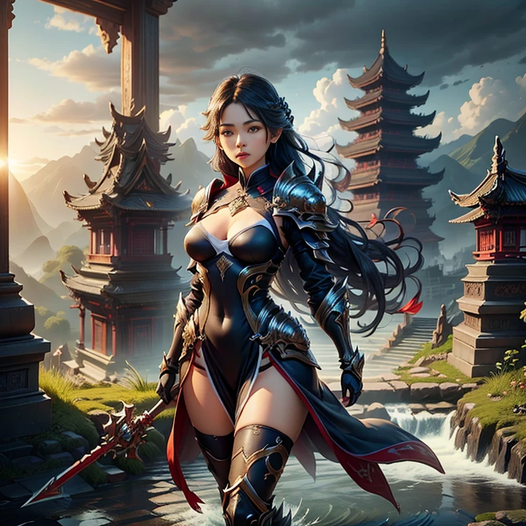 SFW, 1girl, solo focus, pov, very wide shot, landscape, east asian architecture, sunlight, sunrise, floating, cloud, sky, rain, water, full body, outdoors, scenery, depth of field (1 girl standing) an athletic brown skin dark monk lady long black hair in a braid, wearing an intricated elaborated futuristic dark blue armor golden ornaments, white bandages in hands and legs, holding a red stick, temple mountains background