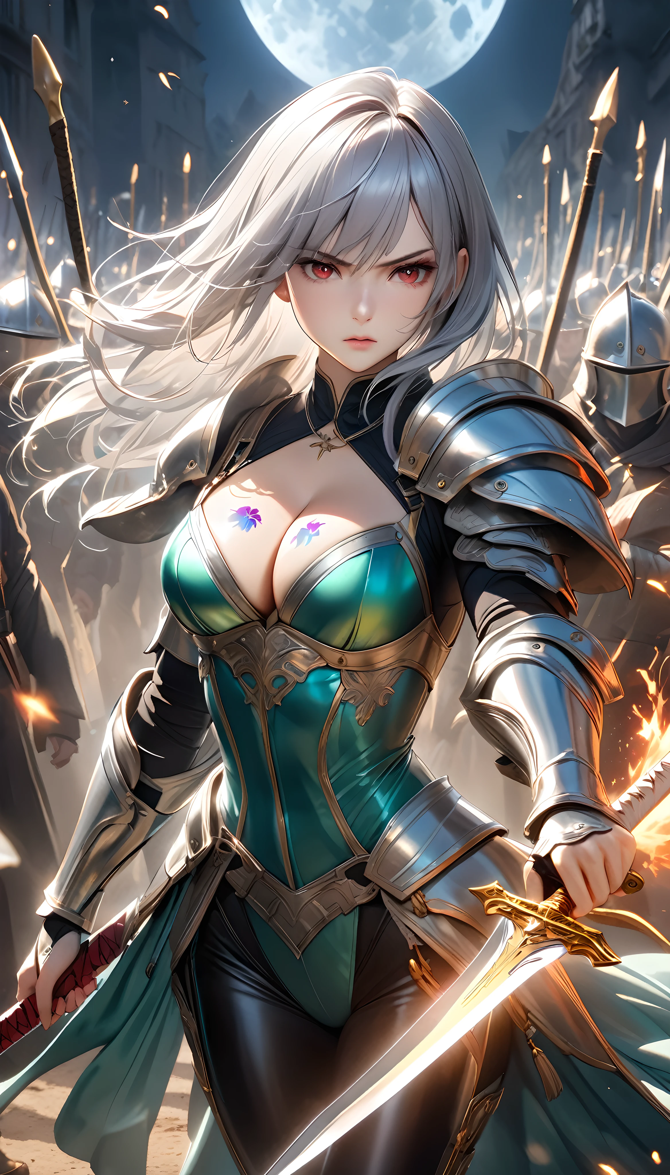 A woman resting in a battlefield camp, Female warrior warming herself in a night camp, (one person&#39;s[Paladin|Female Berserker],  Attractive looks, Very beautiful and young々New Appearance, Adult sex appeal), Kensei, delicate, Intelligent, Neat and cute, alone,
Ultra-realism, Detailed and realistic skin texture, Detailed and intricate texture, Detailed and intricate brushwork, Detailed and clear depiction, Transparent depiction, aesthetic, 
Glamorous silver hair, Scattering light factors, 
([black:Fantastic iridescent colors:0.3]Bodysuits, Shape that matches your attractive body line, Cover the upper body, Highly viscous adhesion), ((Feminine cleavage tattoo)), Adult sex appeal, 
Seductive red eyes, Strong and fleeting, (Aesthetic and transparent:1.5), Full color eyes, (Glossy feel:1.5), 
Traces of a fierce battlefield, Night camp background, Bonfire, darkness, moon, night, 
BREAK High-end and luxurious costumes, Transparent blue-green gradient, Alluring, (The transparency of the costume:1.3), 
(I can see her cleavage, The suppleness of silk, Silk luster, silk texture), 
A soft expression, Integrity, Resolve, Victory assured, Release from tension, (Face the audience), 
BREAK (Light Armor, Realistic metal armor, Metallic shine, Realistic Metallic Shine, Accurate Metal Reflections), 
Suppressing irrational doubts, Tension during battle, outnumbered, Strong and fleeting瞳, Strong vigilance, A transparent, fantastical mist, aesthetic,
((Slashing the crowd with the sword in his hand, Sharp Great Sword,Legendary Holy Sword, Prepared for combat in preparation for enemy attack)), Detailed and exquisite depiction, Realistic and accurate movements, 
Focus on the face, ((Glaring sharply at the audience)), Cinematic lighting effects, Transparent light, Mysterious moonlight, 
BREAK (Dynamic wide full body shot from above:1.3), ankle in of frame, 
highest quality, Highest Resolution, Detailed and crisp image quality, 16k, fantasy art, Surreal, Ultra-Realistic, 
Transparent and fantastical image, Emphasizing the subject&#39;s presence, Ra
