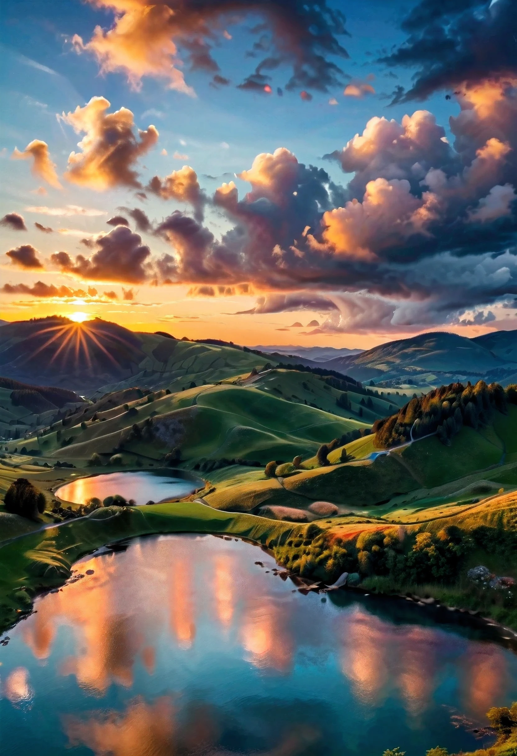 a beautiful detailed landscape, vibrant sunset sky, rolling hills, serene lake in foreground, incredible lighting, breathtaking scenery, dramatic clouds, stunning colors, idyllic atmosphere, picturesque nature, highly detailed, (best quality,4k,8k,highres,masterpiece:1.2),ultra-detailed,(realistic,photorealistic,photo-realistic:1.37),landscape,dramatic lighting,glowing sunset,vivid colors,cinematic composition