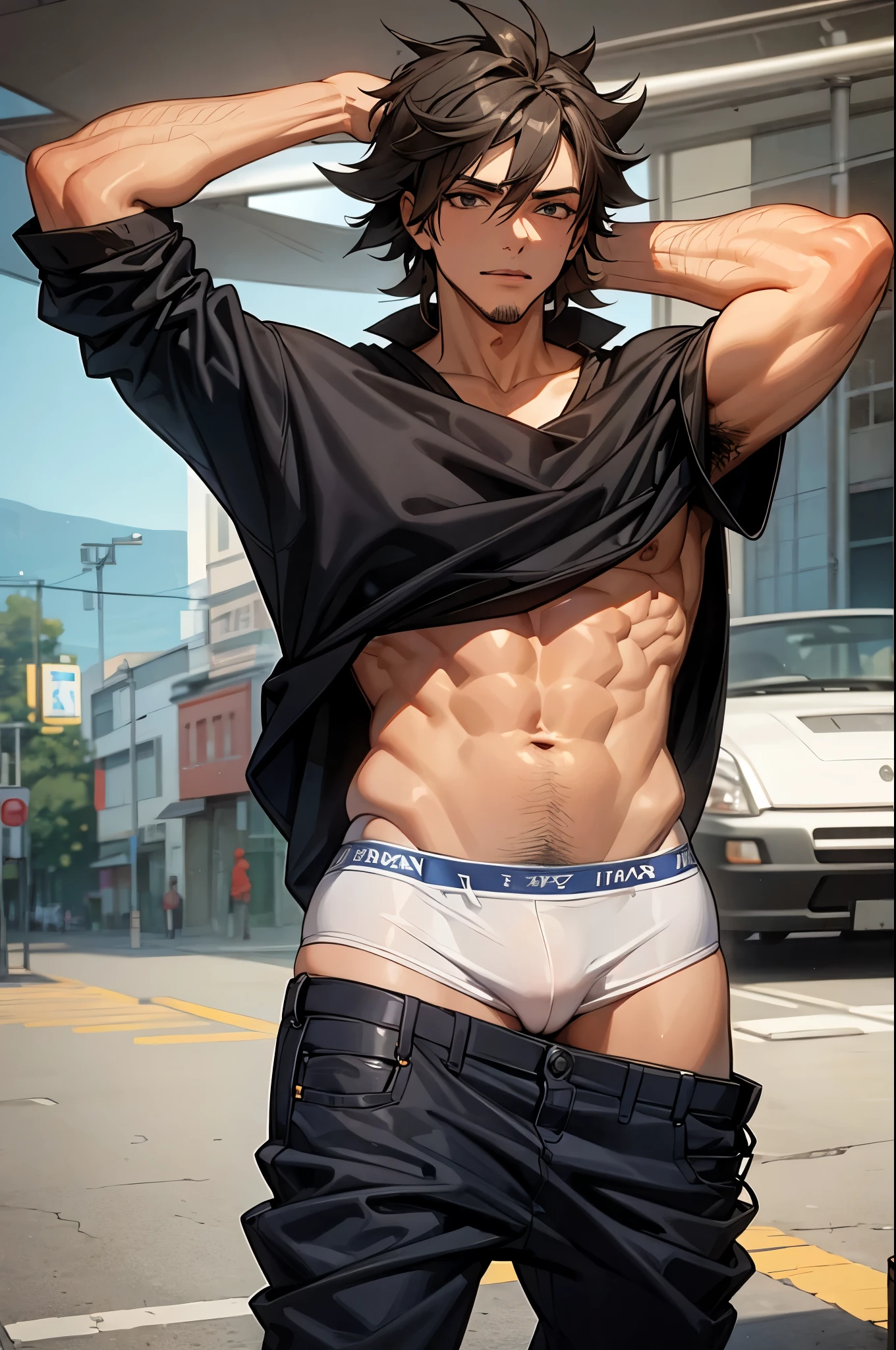 1 Homem sem teto, slag, magro com musculatura definida, pele clara, sujo, muito bonito, barba mal feita, messy hair, roupas em farrapos e rasgadas, peitoral a mostra morador de rua. Pose sentado com frio pedindo esmolas. Dirty street scene. Qualidade da imagem alta.