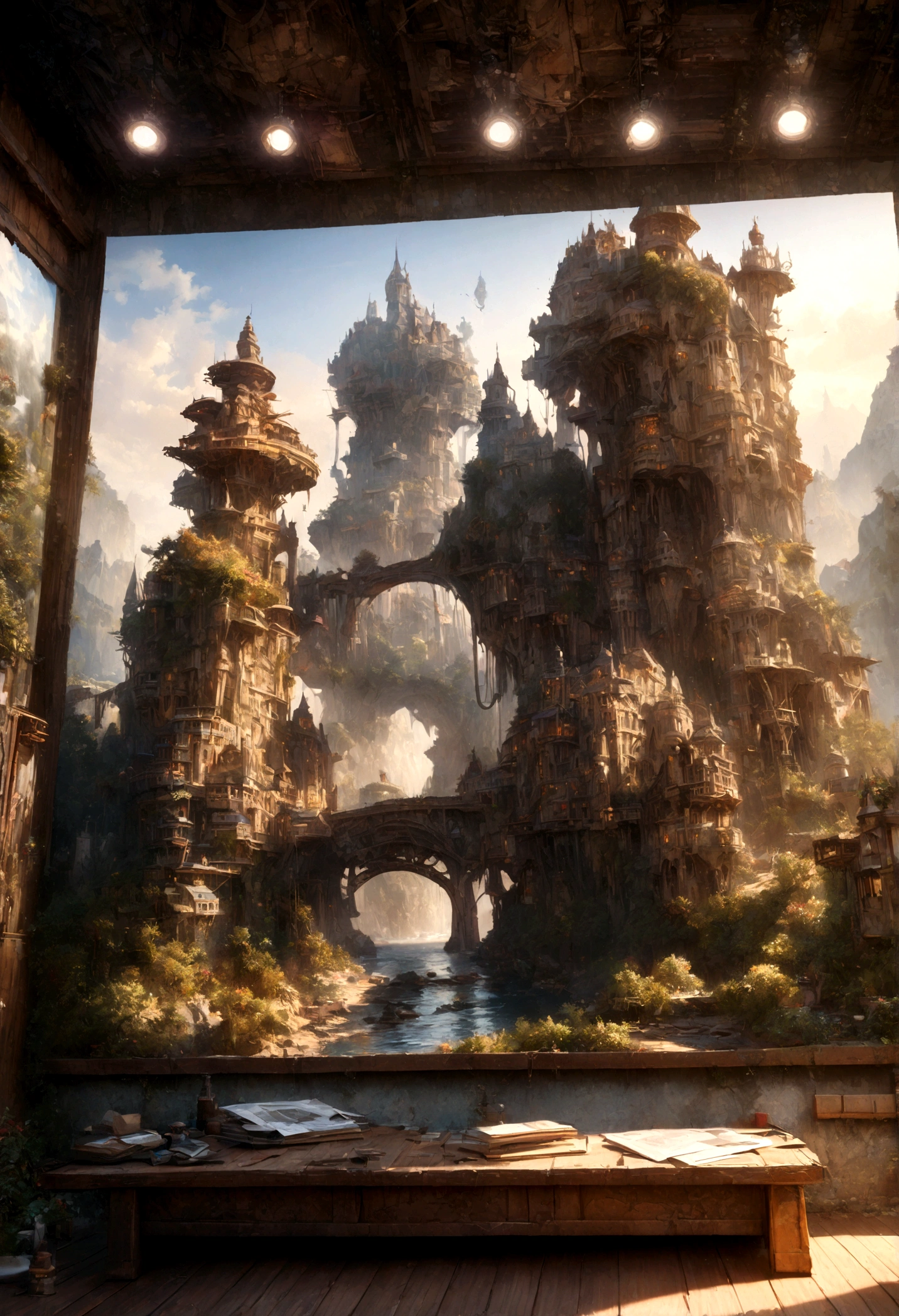 a beautiful steampunk clockwork city, small airships, floating islands, waterfalls, autumn forest, detailed intricate gears, copper pipes, brass accents, warm lighting, cinematic, photorealistic, 8k, (best quality,4k,8k,highres,masterpiece:1.2),ultra-detailed,(realistic,photorealistic,photo-realistic:1.37),HDR,UHD,studio lighting,ultra-fine painting,sharp focus,physically-based rendering,extreme detail description,professional,vivid colors,bokeh