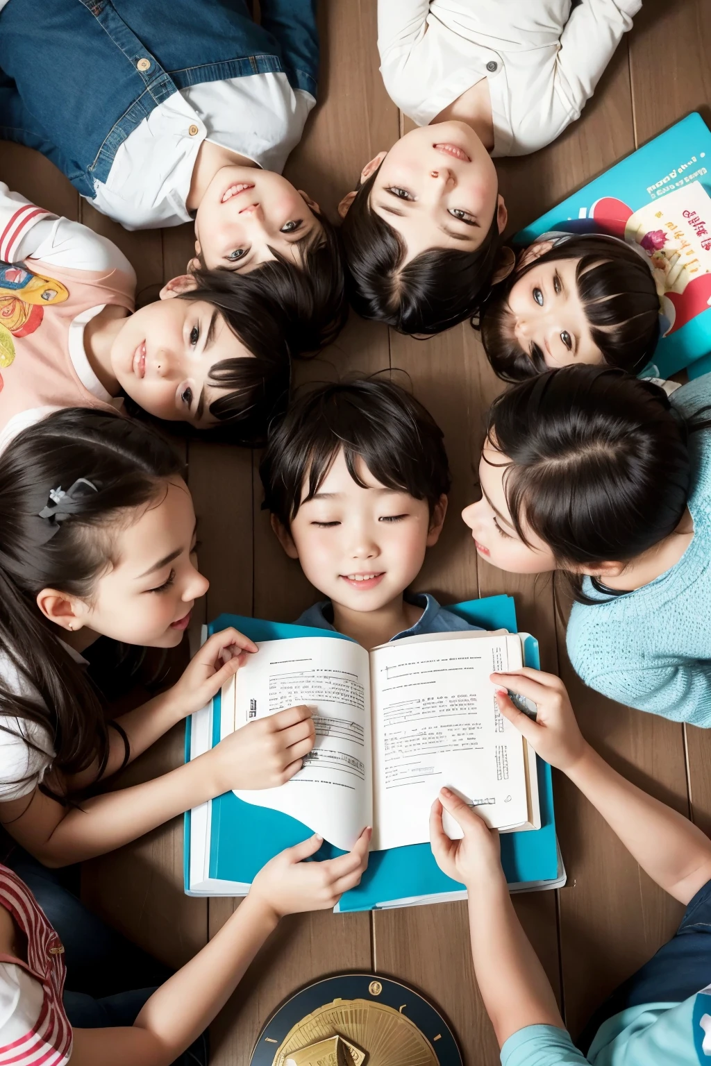 Colorful illustration of children gathered around an open book, with expressions of joy and excitement. Ao redor da turma, there may be smiling children, demonstrating engagement and fun --auto