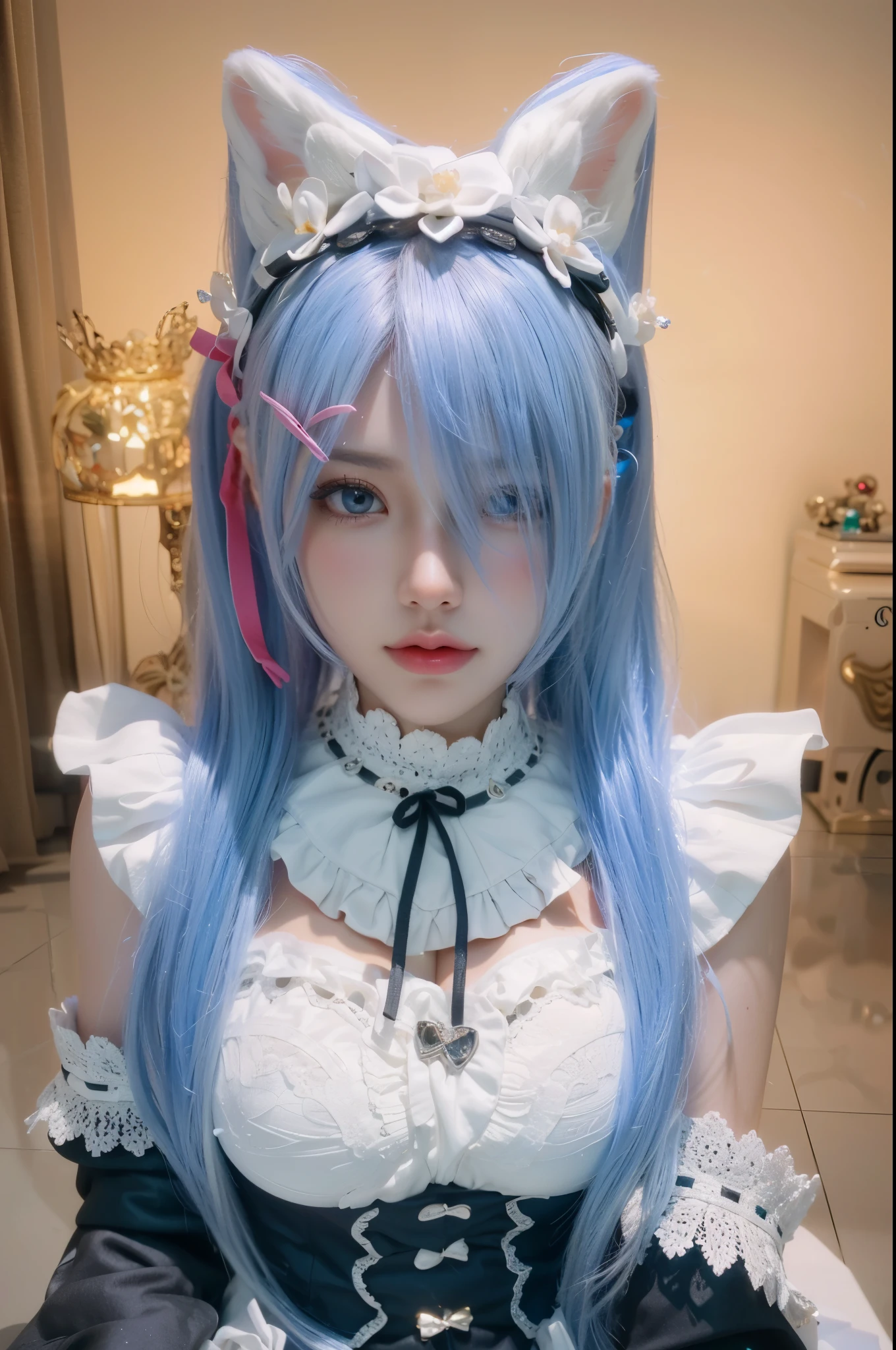 Game Art，CG Animation，Best image quality，Maximum resolution，8K picture quality，(A bust photo)，(portrait)，(Head close-up)，(Rule of Thirds)，Unreal Engine 5 rendering works，20 year old girl，((Queen))，The eyes are very detailed，(Large Breasts)，Elegance and nobility，Light，Light线追踪，Game CG，((3D Unreal Engine))，OC rendering reflection mode，4k，Ultra-clear，Translucent lace，Fair and plump figure，Pretty Face，Light泽凝胶涂层，身着华贵礼服的Queen，Gorgeous clothing，Luxurious and exquisite jewelry，Colorful makeup，Luxurious diamond necklace，
