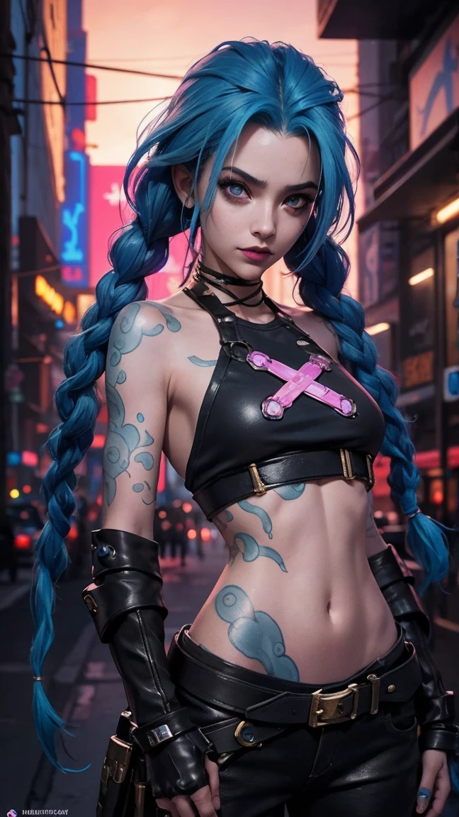 jinx arcano, uma mulher com cabelo azul e tatuagens, mulher cyberpunk mulher anime, pants, Deusa cyberpunk raivosa bonita, estilo de arte cyberpunk, arte digital de anime cyberpunk, arte de anime cyberpunk, Arcane Jinx Retrato, arte de anime cyberpunk, arte com tema cyberpunk, cyberpunk fantasia sombria, estilo arcano, 1 garota, cloud tattoo on the arm, asymmetrical bangs, franja, cabelo azul, blue braids, camisa marrom, tatuagem de nuvem, lateralmente, cabelo azul, cabelo longo, olhos cor de rosa, Red lips, standing , tatuagem de nuvem, Twin braids. Jinx de arcano. Jinx em um lugar em chamas, spark, esferas de luz, Film Poster, Jinx, Arcane\(Liga das Lendas\