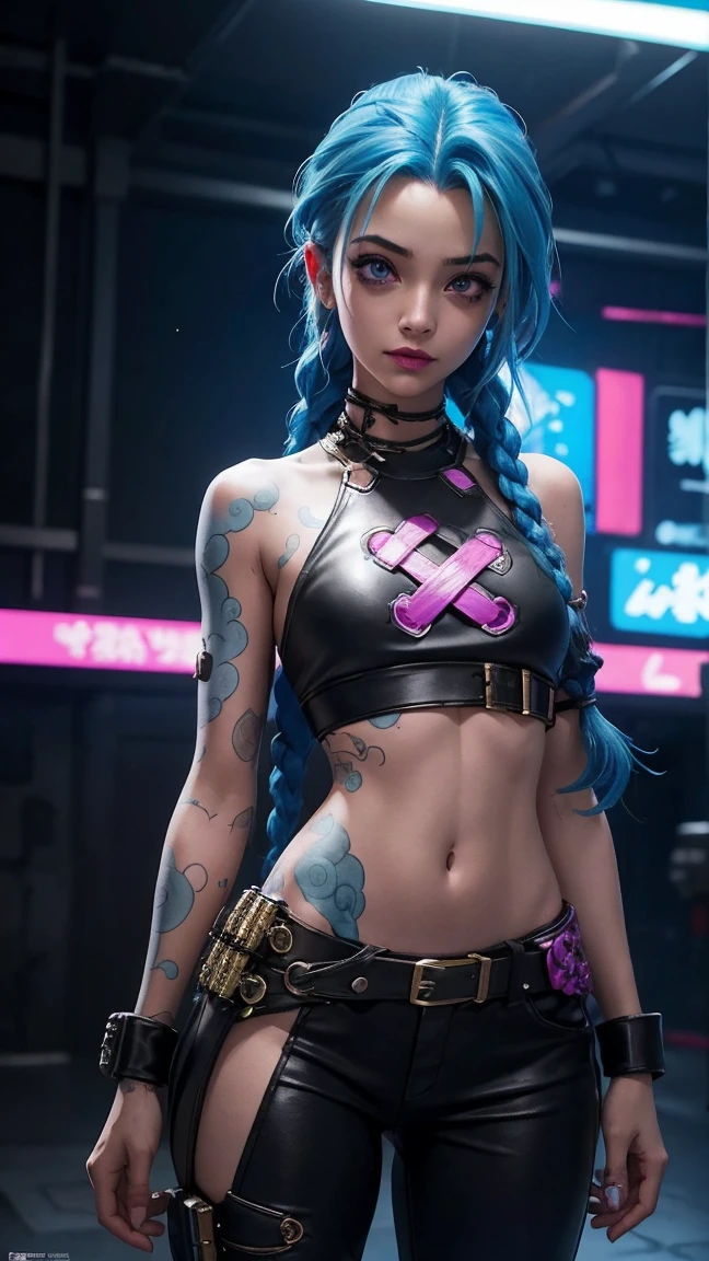 jinx arcano, uma mulher com cabelo azul e tatuagens, mulher cyberpunk mulher anime, pants, Deusa cyberpunk raivosa bonita, estilo de arte cyberpunk, arte digital de anime cyberpunk, arte de anime cyberpunk, Arcane Jinx Retrato, arte de anime cyberpunk, arte com tema cyberpunk, cyberpunk fantasia sombria, estilo arcano, 1 garota, cloud tattoo on the arm, asymmetrical bangs, franja, cabelo azul, blue braids, camisa marrom, tatuagem de nuvem, lateralmente, cabelo azul, cabelo longo, olhos cor de rosa, Red lips, standing , tatuagem de nuvem, Twin braids. Jinx de arcano. Jinx em um lugar em chamas, spark, esferas de luz, Film Poster, Jinx, Arcane\(Liga das Lendas\