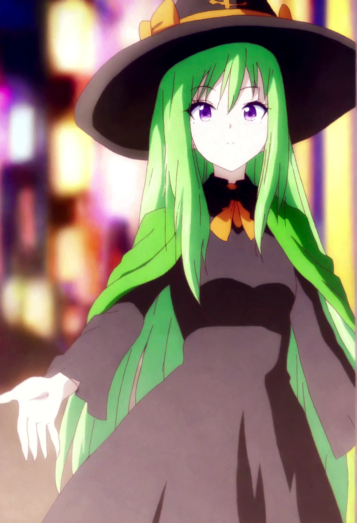 a close up of a person wearing a hat and dress, flirty anime witch casting magic, gothic maiden anime girl, anime girl with long hair, fashionable dark witch, in a cloak with long hairs, anime girl wearing a black dress, dark witch character, with a green cloak, witch girl, classical witch, green hair, haloween, backgraund night alley, older,