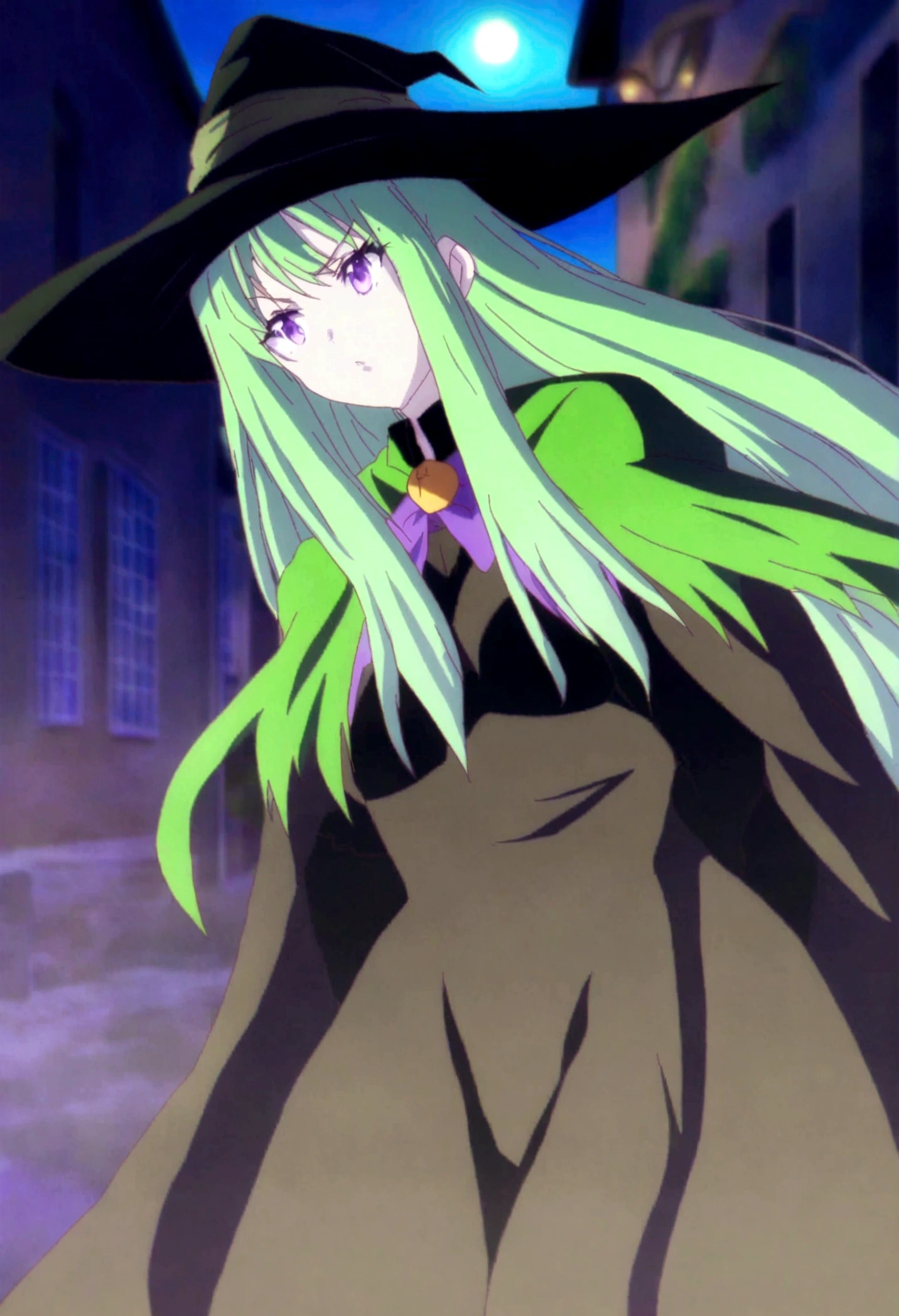 a close up of a person wearing a hat and dress, flirty anime witch casting magic, gothic maiden anime girl, anime girl with long hair, fashionable dark witch, in a cloak with long hairs, anime girl wearing a black dress, dark witch character, with a green cloak, witch girl, classical witch, green hair, haloween, backgraund night alley, older,