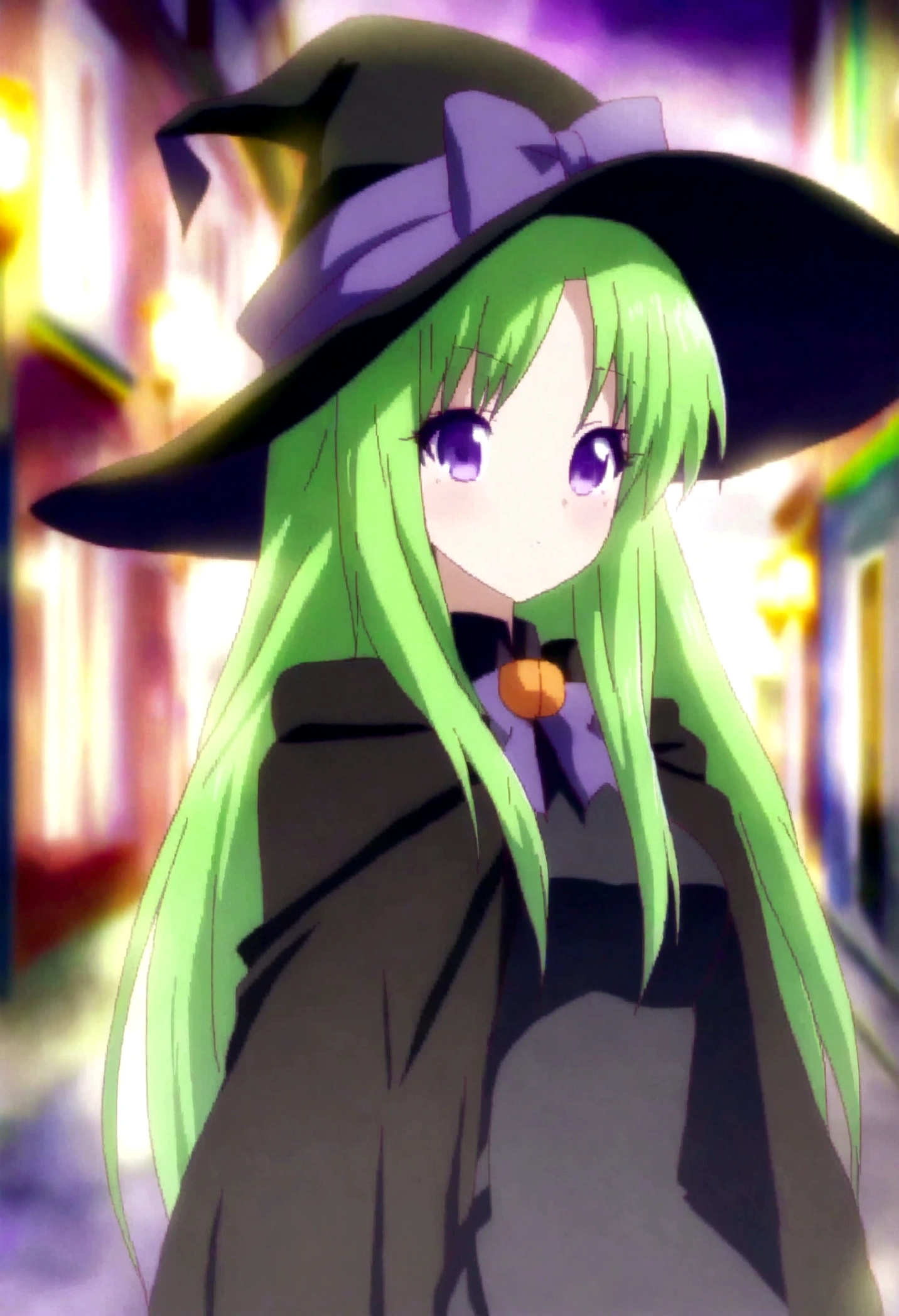 a close up of a person wearing a hat and dress, flirty anime witch casting magic, gothic maiden anime girl, anime girl with long hair, fashionable dark witch, in a cloak with long hairs, anime girl wearing a black dress, dark witch character, with a green cloak, witch girl, classical witch, green hair, haloween, backgraund night alley, older,