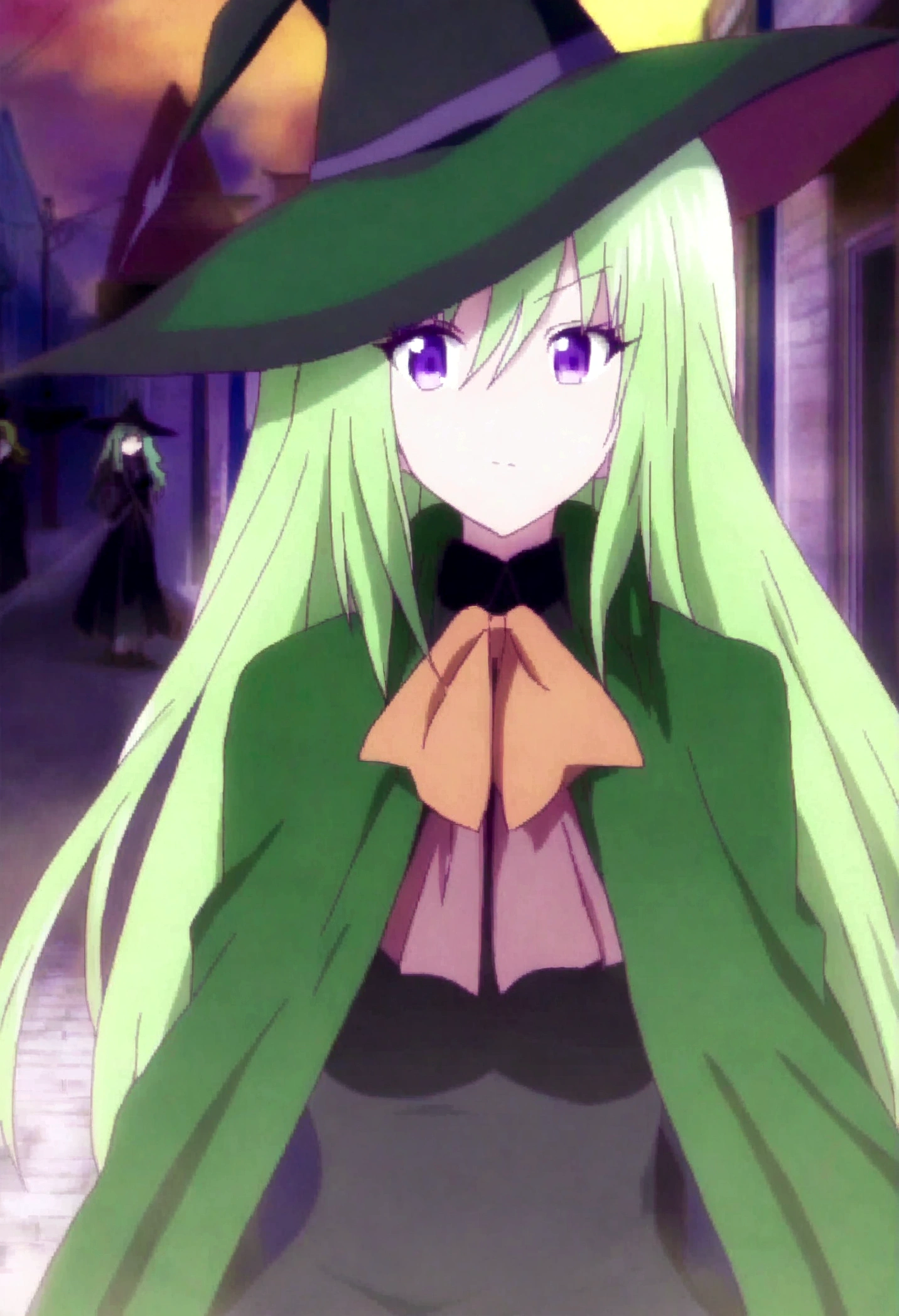 a close up of a person wearing a hat and dress, flirty anime witch casting magic, gothic maiden anime girl, anime girl with long hair, fashionable dark witch, in a cloak with long hairs, anime girl wearing a black dress, dark witch character, with a green cloak, witch girl, classical witch, green hair, haloween, backgraund night alley, older,