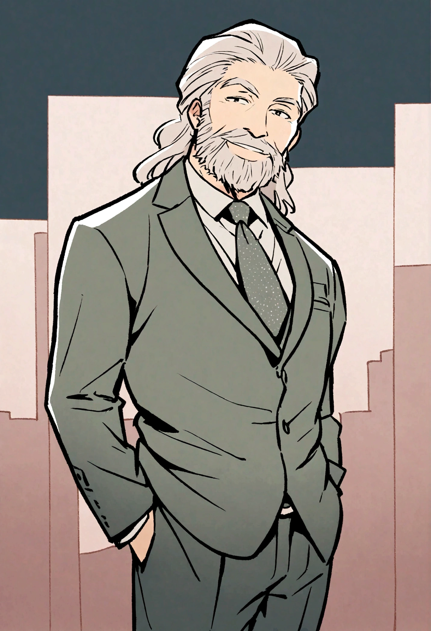 
Man with beard, smiling, in suit and tie standing. create in cartoon format.