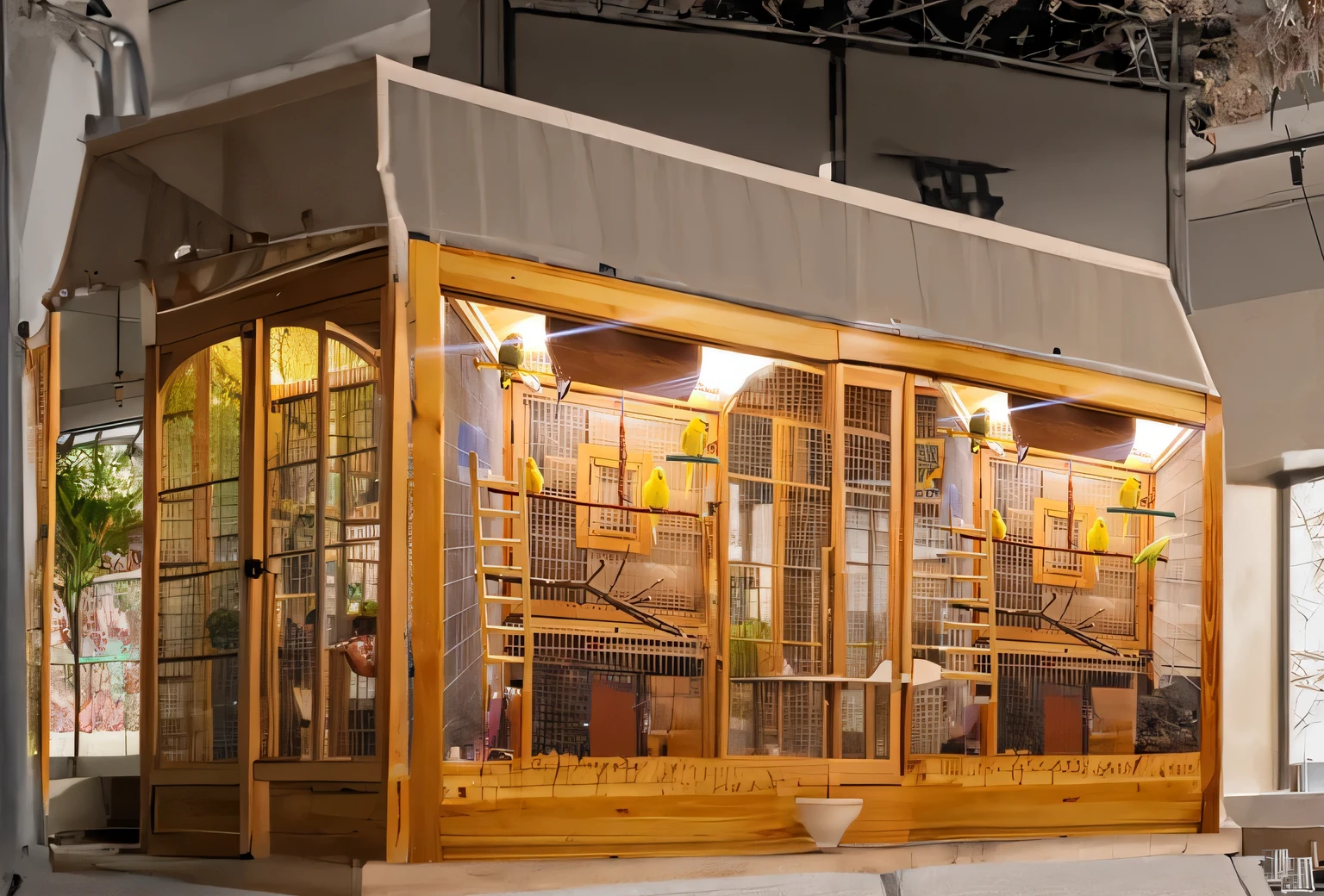 aviary with canaries and parrots, Songbirds, Parrots