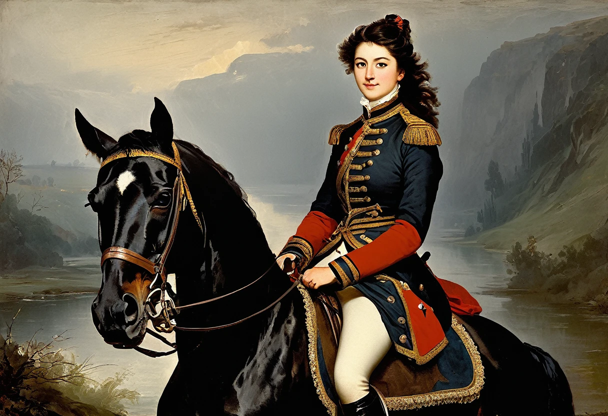 [whole body], charming young pretty warrior woman, brunette, on horseback, smiling slightly mysteriously over her shoulder, averting her eyes, in a military cavalry uniform, 18th century, military battle (Adolphe Piot style)), dark Renaissance, (fog, very shabby gradient), ((palette/oil painting with a palette knife)), ((masterpiece)), single shot, image quality:1.2, maximum detail, perspective:1.67, 8k