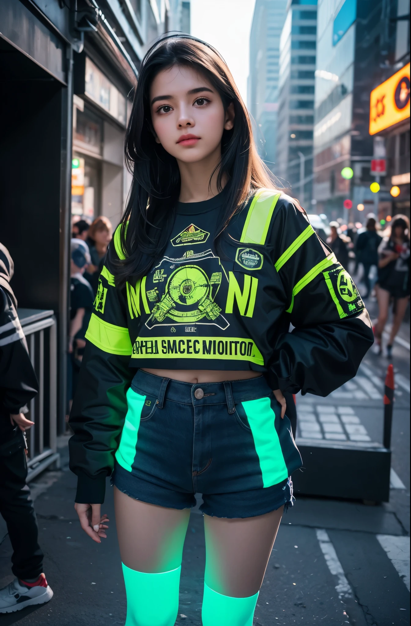 [[((young attractive Singaporean woman with strong Chinese Asian influence, a brown tanned complexion, long straight dark black hair, striking almond-shaped dark brown eyes, and a  frame:1.6)), ((Sophie Tan:1.5)), standing confidently in a vibrant neon-lit city street at night, with colorful signs and a bustling crowd in the background. She is wearing a ((futuristic, neon-colored urban streetwear outfit:1.4)) with intricate patterns and textures that reflect the bright city lights. Accessories include stylish, oversized earrings and a choker with geometric designs. The scene is captured with a ((full-frame DSLR:1.4)) using a ((50mm prime lens:1.4)) for a close-up, fashion-oriented perspective. Professional lighting enhances her natural features, giving her skin a glossy, luminous effect. The image should be in ((8K resolution:1.5)) with ((hyper-realistic detail:1.6)), focusing on the intricate details of her outfit, accessories, and the vibrant neon city background. The overall vibe is cinematic, with a blend of fashion and urban energy, creating a stunning, visually captivating effect.]]