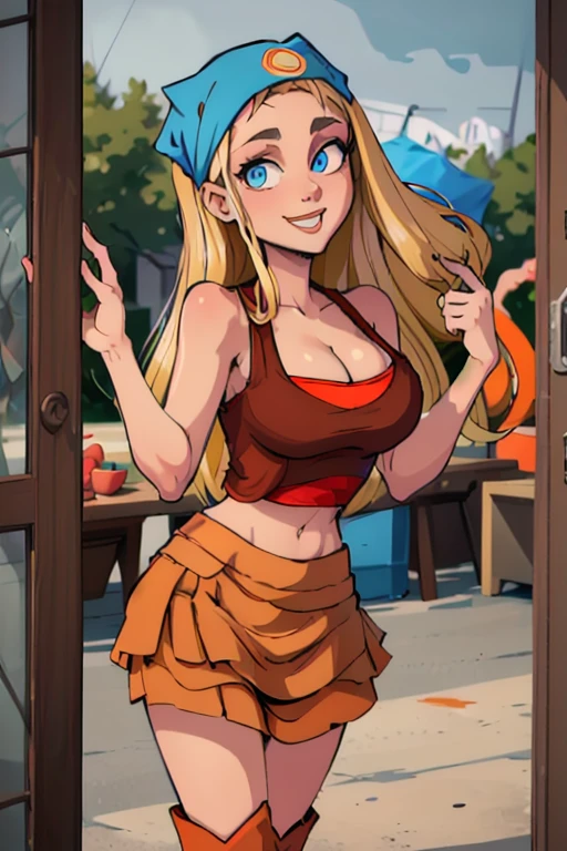 centered, professional photo, (looking at viewer:1.2), Lindsay_Total_Drama, 1girl, solo, blue eyes, long hair, blonde hair, cleavage, (Wearing: blue bandana, head scarf, orange tank-top, (orange skirt, short skirt), red undershirt, brown boots), smiling, depth of field, cinematic composition