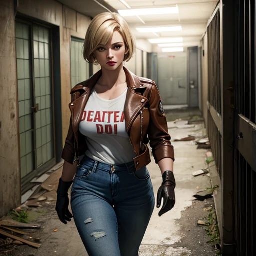 Beautiful detective woman blonde short hair bangs brown eyes red lips firm body perfect breasts t-shirt brown leather jacket blue jeans brown gloves walking in abandoned prison holding flashlight in her hand 