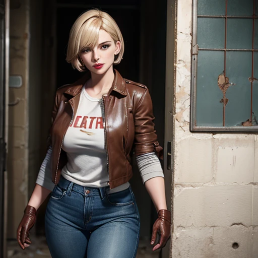 Beautiful detective woman blonde short hair bangs brown eyes red lips firm body perfect breasts t-shirt brown leather jacket blue jeans brown gloves walking in abandoned prison holding flashlight in her hand 