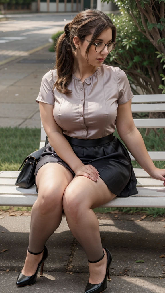 Full body, best quality, masterpiece, blouse sweetheart neckline, silk stockings, gray skater skirt, high heels, glasses, curvy body, hair tied, sitting on a bench