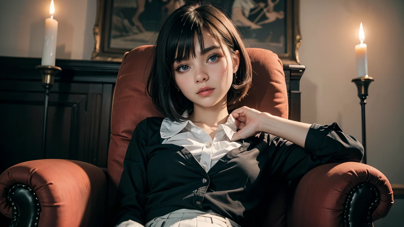35mm film, solo, bob cut, makeup, blue eyes, small tits, (anime school uniform) (formal shirt), (skirt), in night (((in a armchair))) upper body, epiCPhoto,focus on face, close to viewer, intricate lines, intriguing atmosphere, sharp magnificent details, delicate features, elaborate details, beautiful girl, black hair, (short hair) eighteen years old woman, ((upper body)) (Acne), candles, blue fire