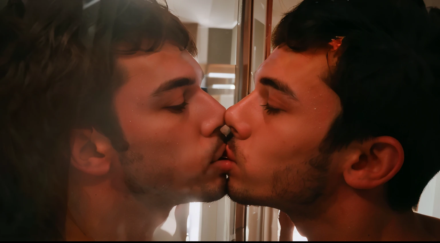 there are two men kissing each other in front of a mirror, kissing together cutely, kissing each other, kiss mouth to mouth, kissing, kissing together