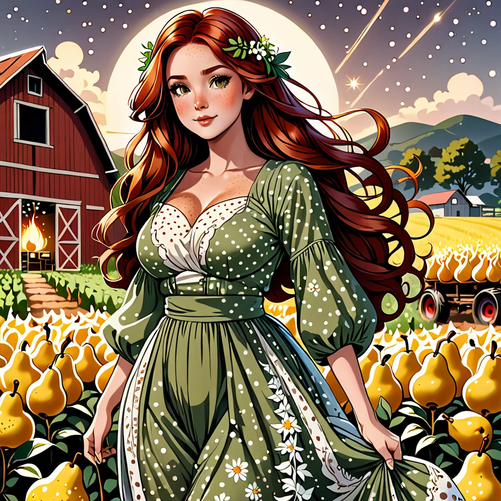 Luma is a topless person, she is beautiful And have a strong posture, she has huge breasts that have a voluminous proportion, a pear feminine silhouette, Auburn hair, long Auburn hair, She has expressive eyes, ( Only eyes olive green) Her skin is fair and she has some light freckles on her cheek bones, busty, Farm, Brown rustic clothes, boho clothes, farm boho fashion clothes, romantic vibes, fire lights, fire sparkles, flowers clothes the hair to be half straight and half with curled ends cartoon, nude tits
