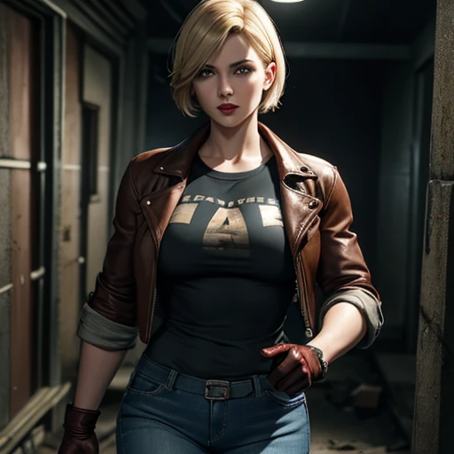 Beautiful detective woman blonde short hair bangs brown eyes red lips firm body perfect breasts t-shirt brown leather jacket blue jeans brown gloves walking in abandoned prison holding flashlight in her hand style resident evil 4