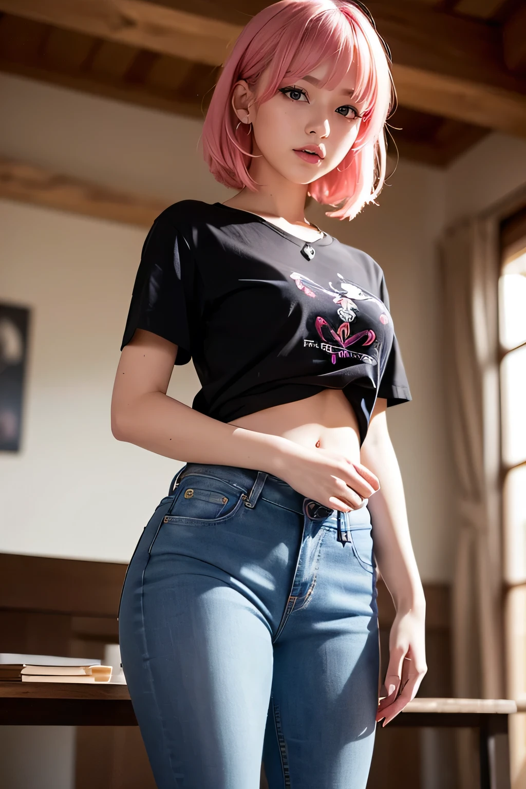 (masterpiece), (highest quality), (High resolution), detailed, (Complex detailed 1.2), (Hyper detailed 1.4), (Gorgeous Digital Art 1.2), Absurd, One girl, Small breasts, teeth, hair ornaments, alone, Pink Hair, (Black Shirt:1.3), jeans, (station:1.2) running, Thighs, Short Stack, 