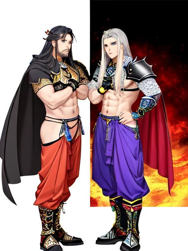 (high-quality, breathtaking),(expressive eyes, perfect face) Symmetrical Eyes, strong male indigenous warrior he has an exaggerated long hair gray color eyes purple color, ele tem pinturas tribais no peito e no rosto, he has armor on his tibia, he has armor on his forearm, He wears tight-fitting pants made of green fabric, he has a long indigenous fabric thong, He's gesturing with his hands