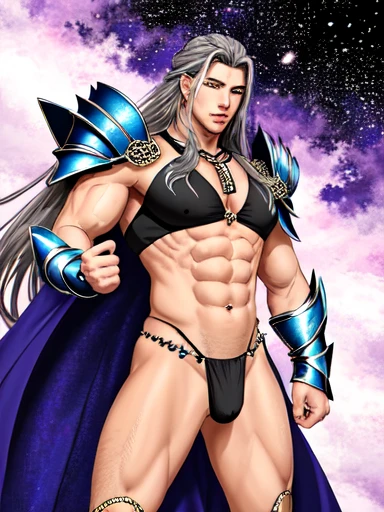 (high-quality, breathtaking),(expressive eyes, perfect face) Symmetrical Eyes, strong male indigenous warrior he has an exaggerated long hair gray color eyes purple color, ele tem pinturas tribais no peito e no rosto, he has armor on his tibia, he has armor on his forearm, He wears tight-fitting pants made of green fabric, he has a long indigenous fabric thong, He's gesturing with his hands