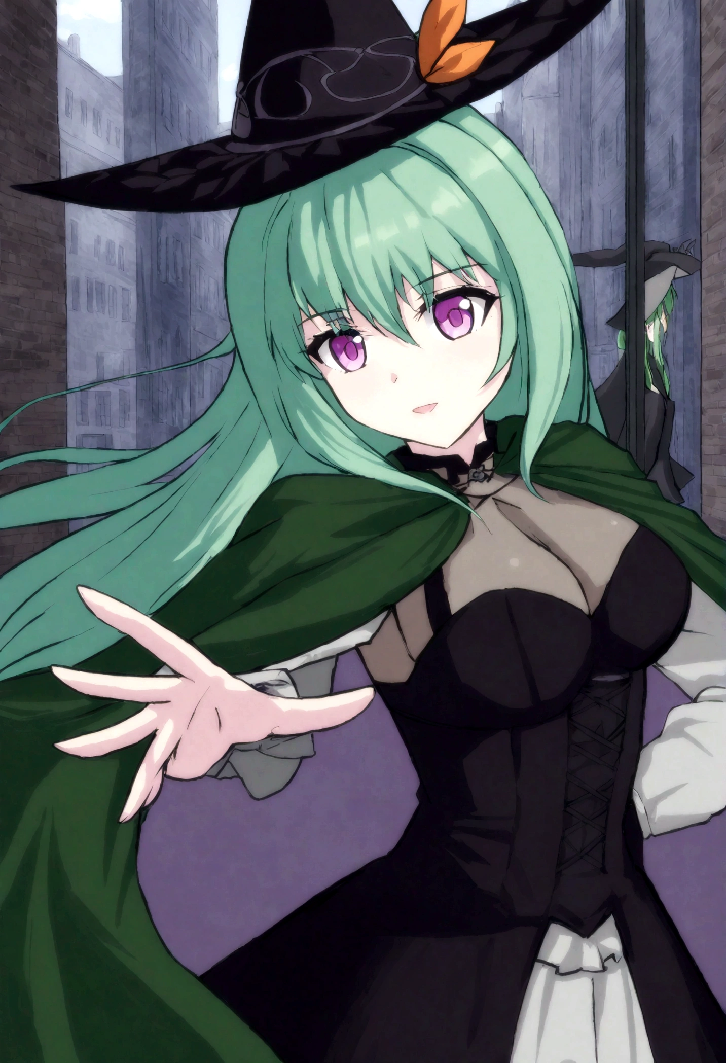 a close up of a person wearing a hat and dress, flirty anime witch casting magic, gothic maiden anime girl, anime girl with long hair, fashionable dark witch, in a cloak with long hairs, anime girl wearing a black dress, dark witch character, with a green cloak, witch girl, classical witch, green hair, haloween, backgraund night alley, older