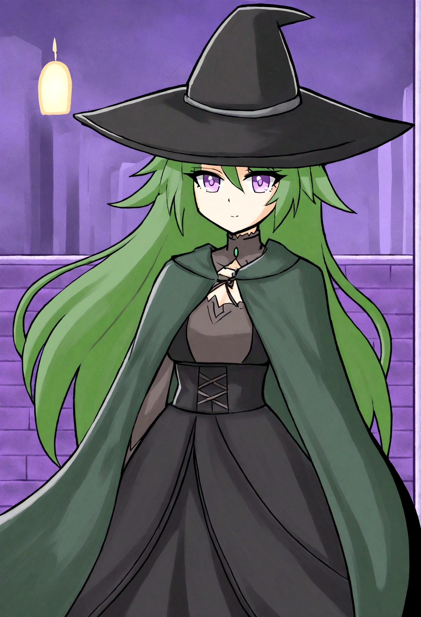 a close up of a person wearing a hat and dress, flirty anime witch casting magic, gothic maiden anime girl, anime girl with long hair, fashionable dark witch, in a cloak with long hairs, anime girl wearing a black dress, dark witch character, with a green cloak, witch girl, classical witch, green hair, haloween, backgraund night alley, older