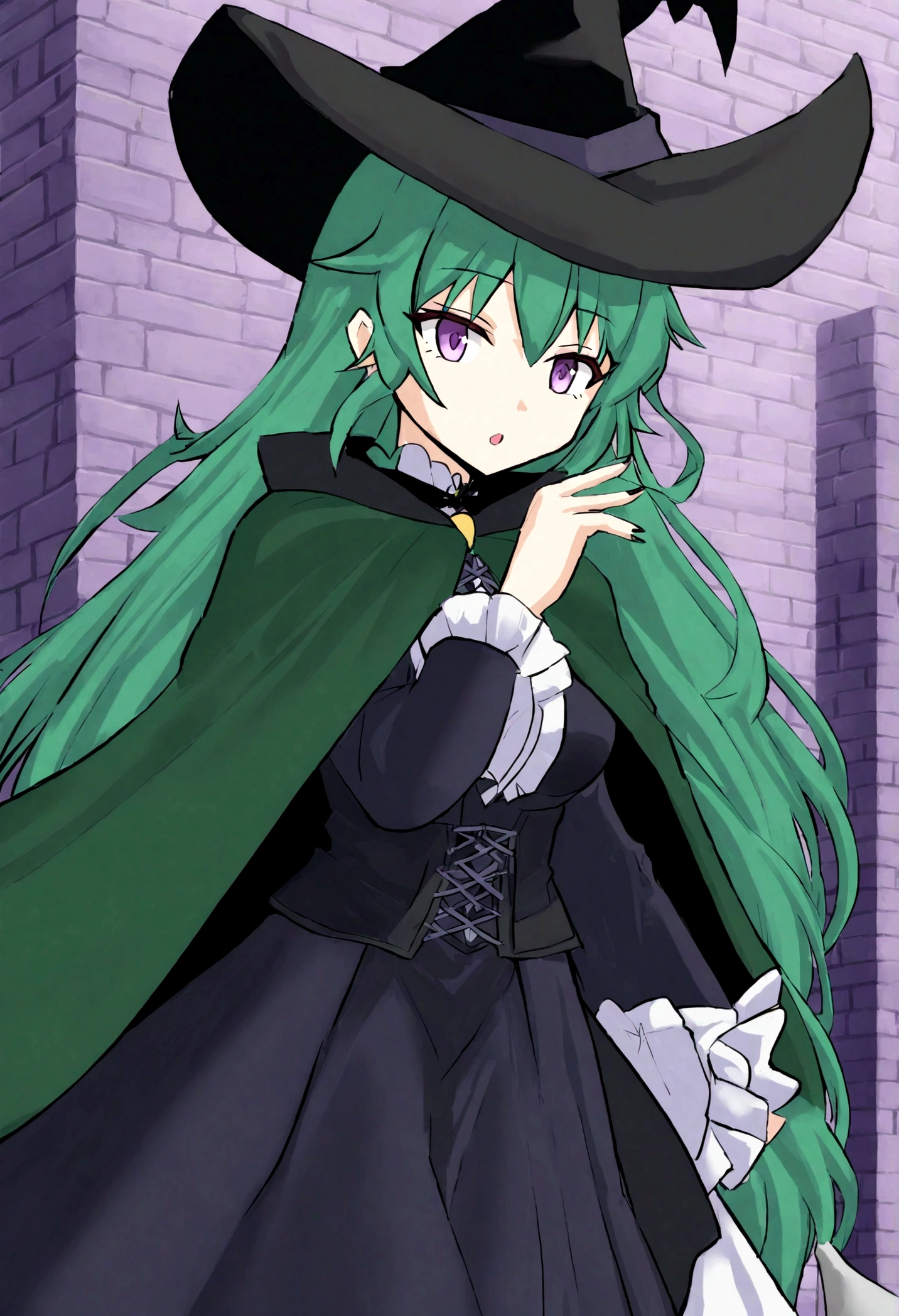 a close up of a person wearing a hat and dress, flirty anime witch casting magic, gothic maiden anime girl, anime girl with long hair, fashionable dark witch, in a cloak with long hairs, anime girl wearing a black dress, dark witch character, with a green cloak, witch girl, classical witch, green hair, haloween, backgraund night alley, older