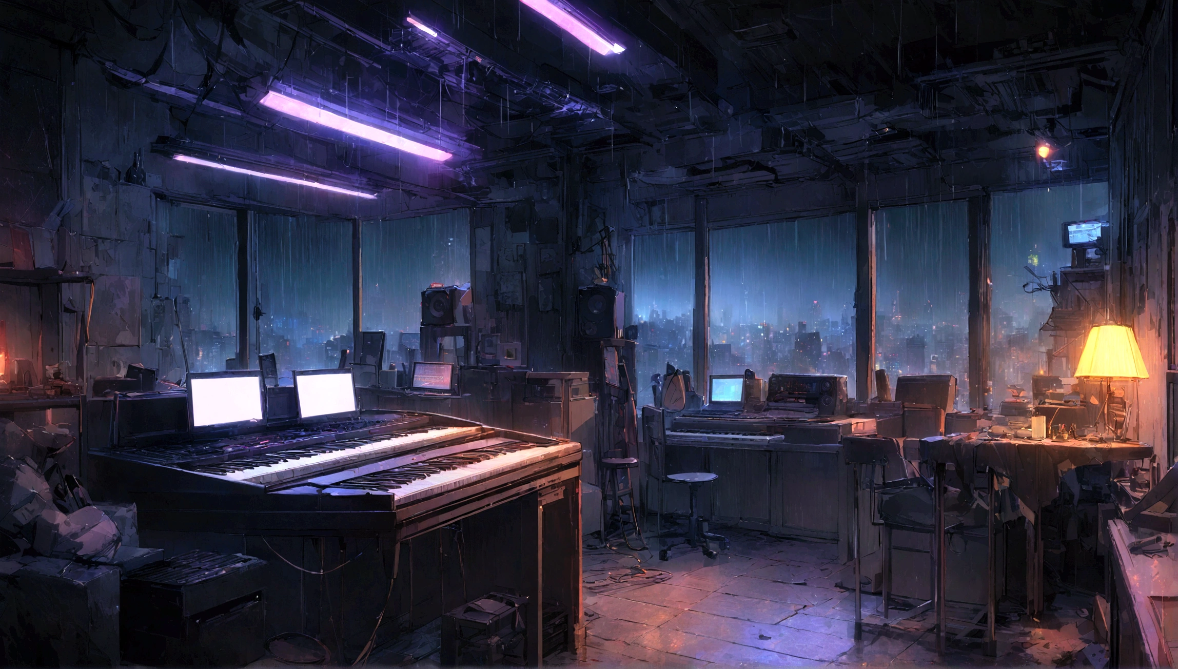 There is a music studio room with a desk, night, , keyboard, earphone, piano, Guitar,Small lights, background, sofa,, rain, Night Sky, Night City, Unmanned shutters, Concept Art, 室内background艺术, , rock style interior, high resolution, Super sharp, 8K, masterpiece